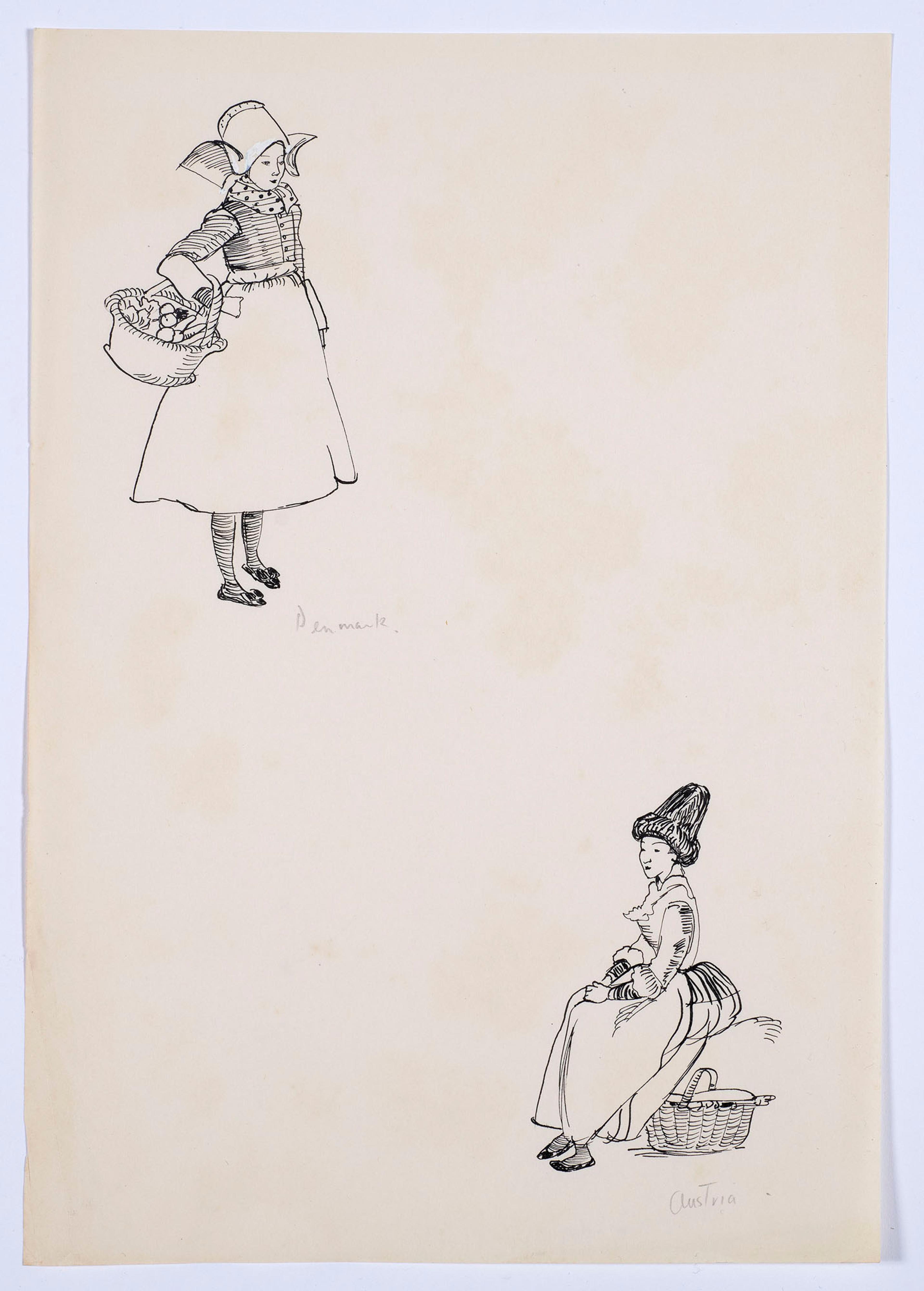 Black and white drawings of figures in Danish and Austrian national dress