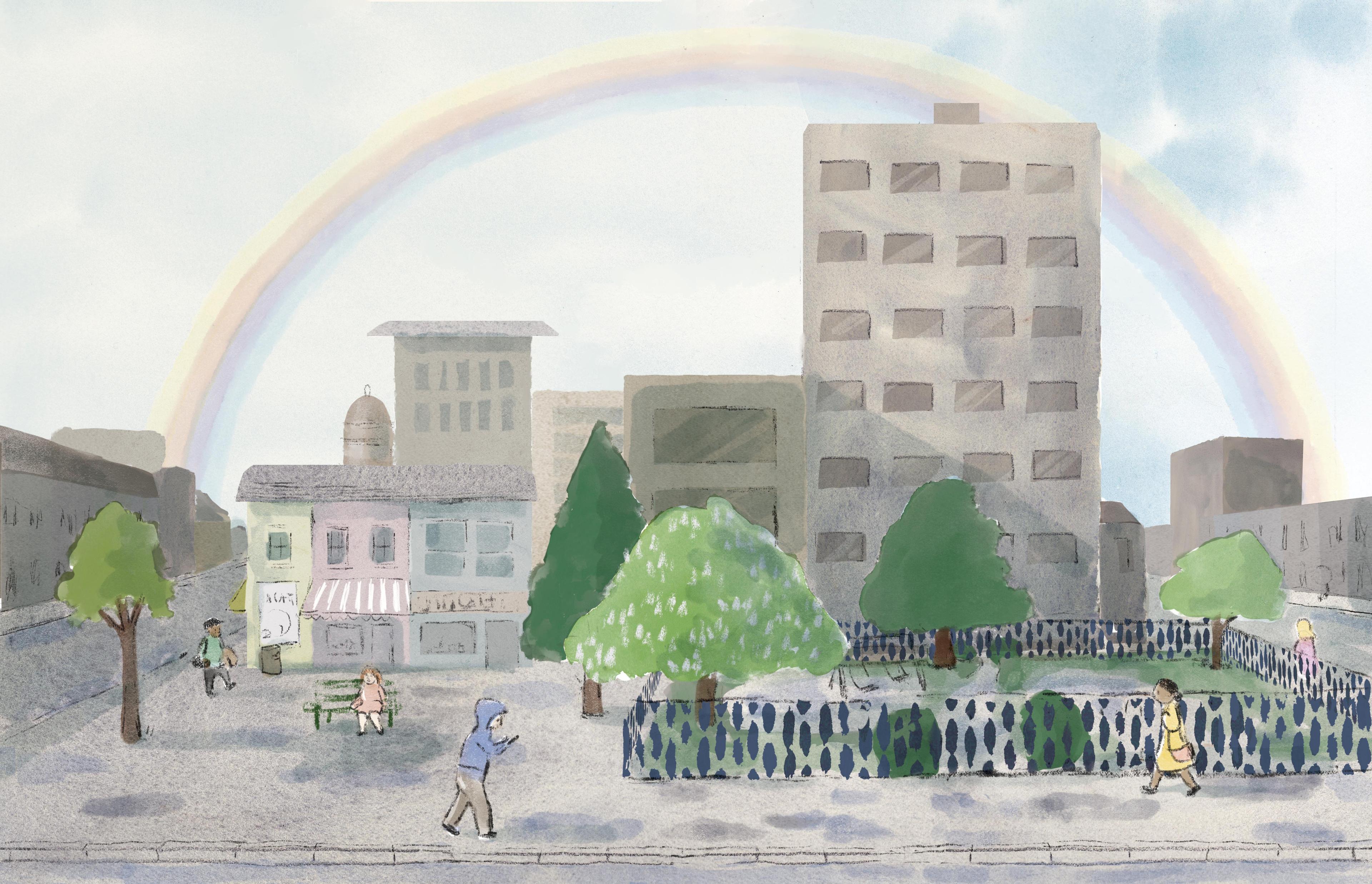Illustration of a rainbow across a city landscape with grey buildings in the background and a small fenced park at the front. There are a few people walking around.