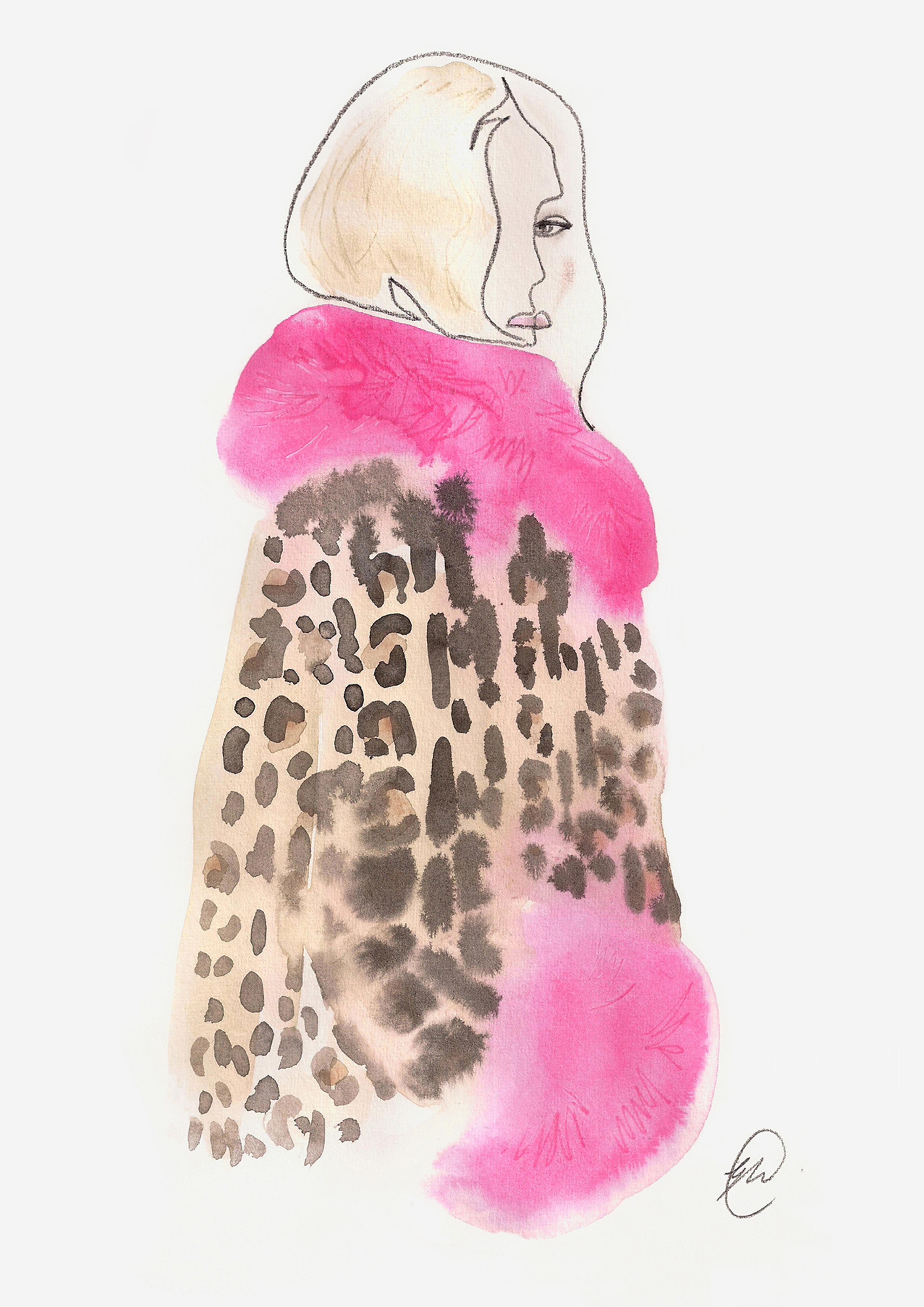 An illustration of a fashion model looking over their shoulder, they are wearing a leopard print coat with pink furry collar and trim.
