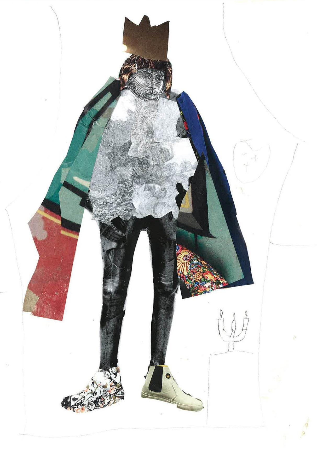 Collage of a person wearing a crown and cape