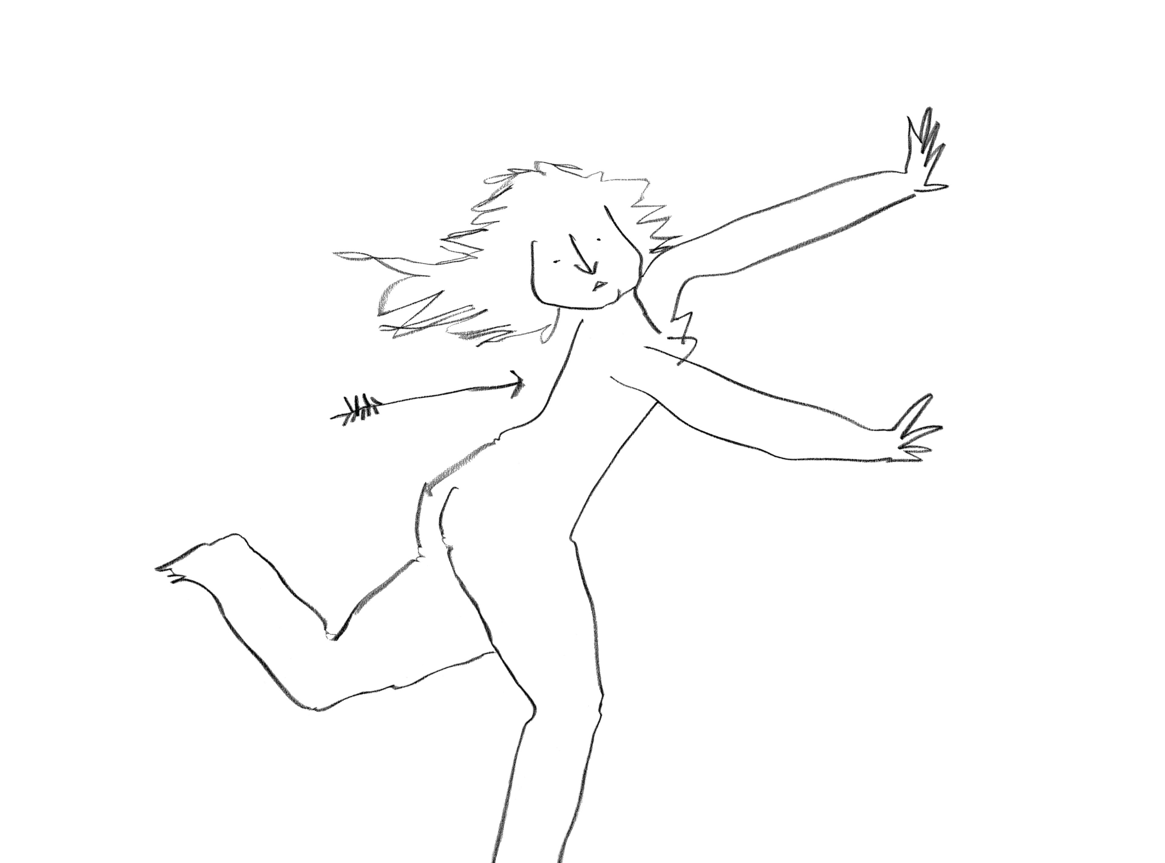 Loose drawing of a nude figure running from a flying arrow