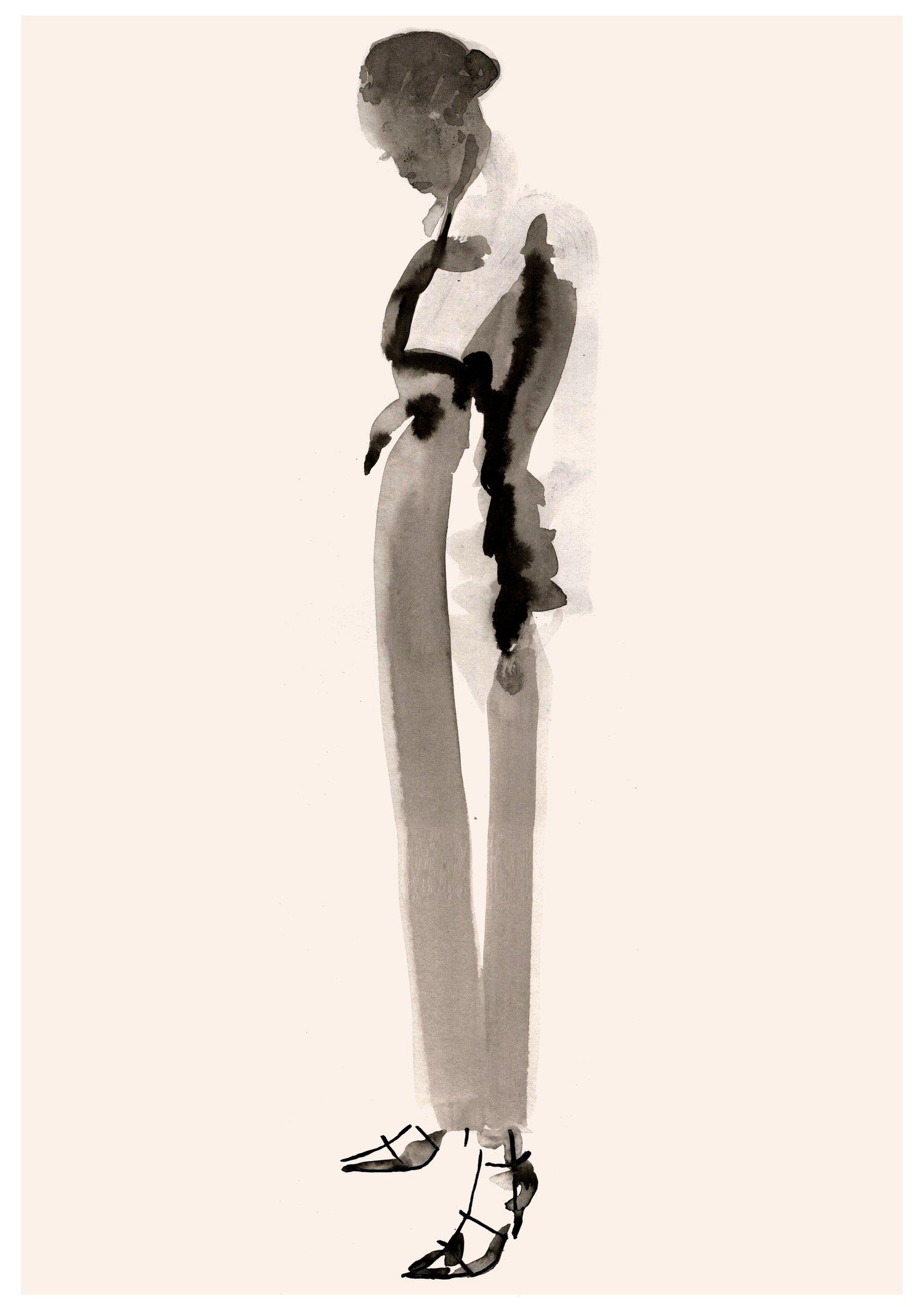Illustration of full length figure looking down