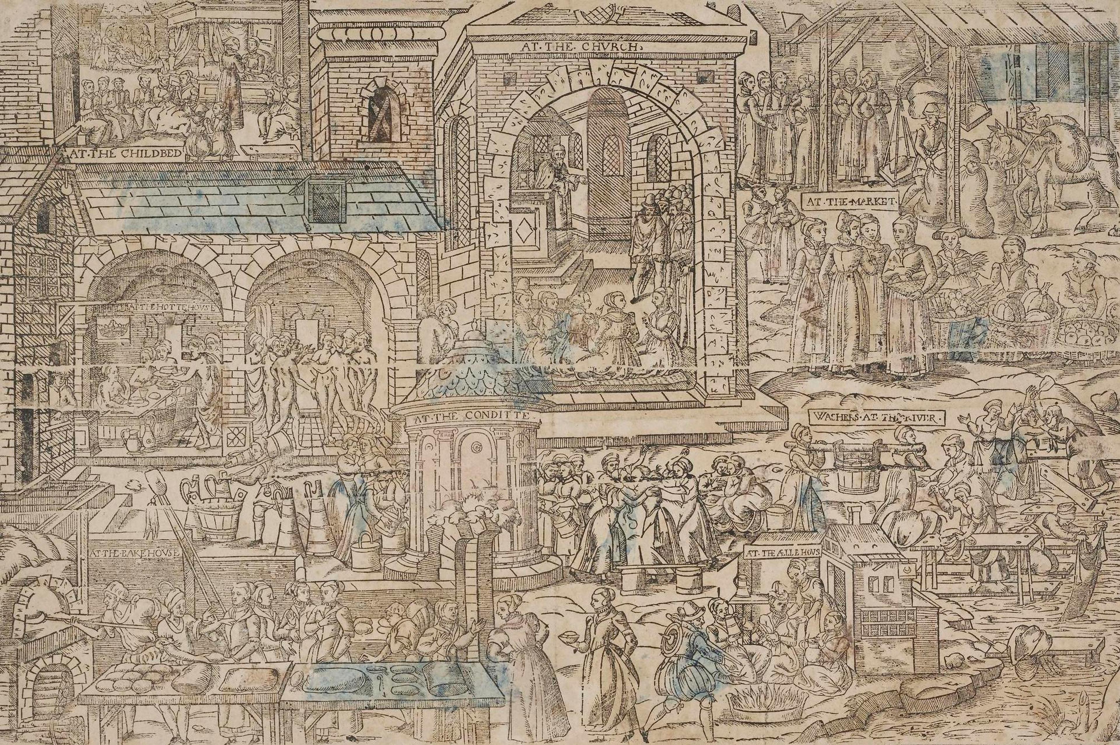 Woodcut illustration of a busy scene showing women talking to each other doing various activities at the bakery, water conduit, ale house, market and river