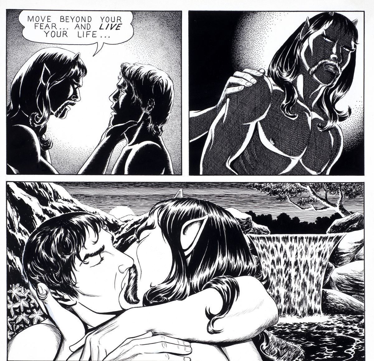 A black and white image of two men kissing in a comic book style. 