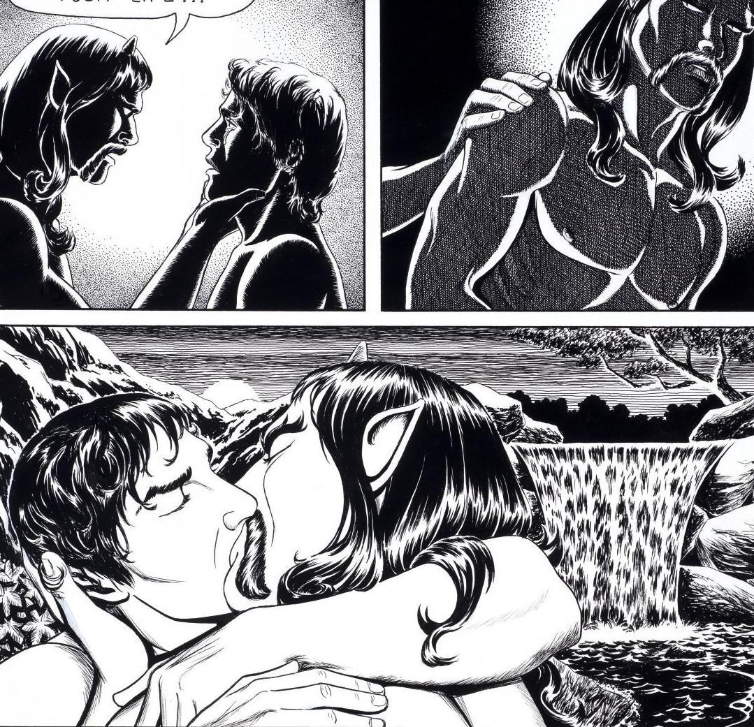 A black and white image of two men kissing in a comic book style.