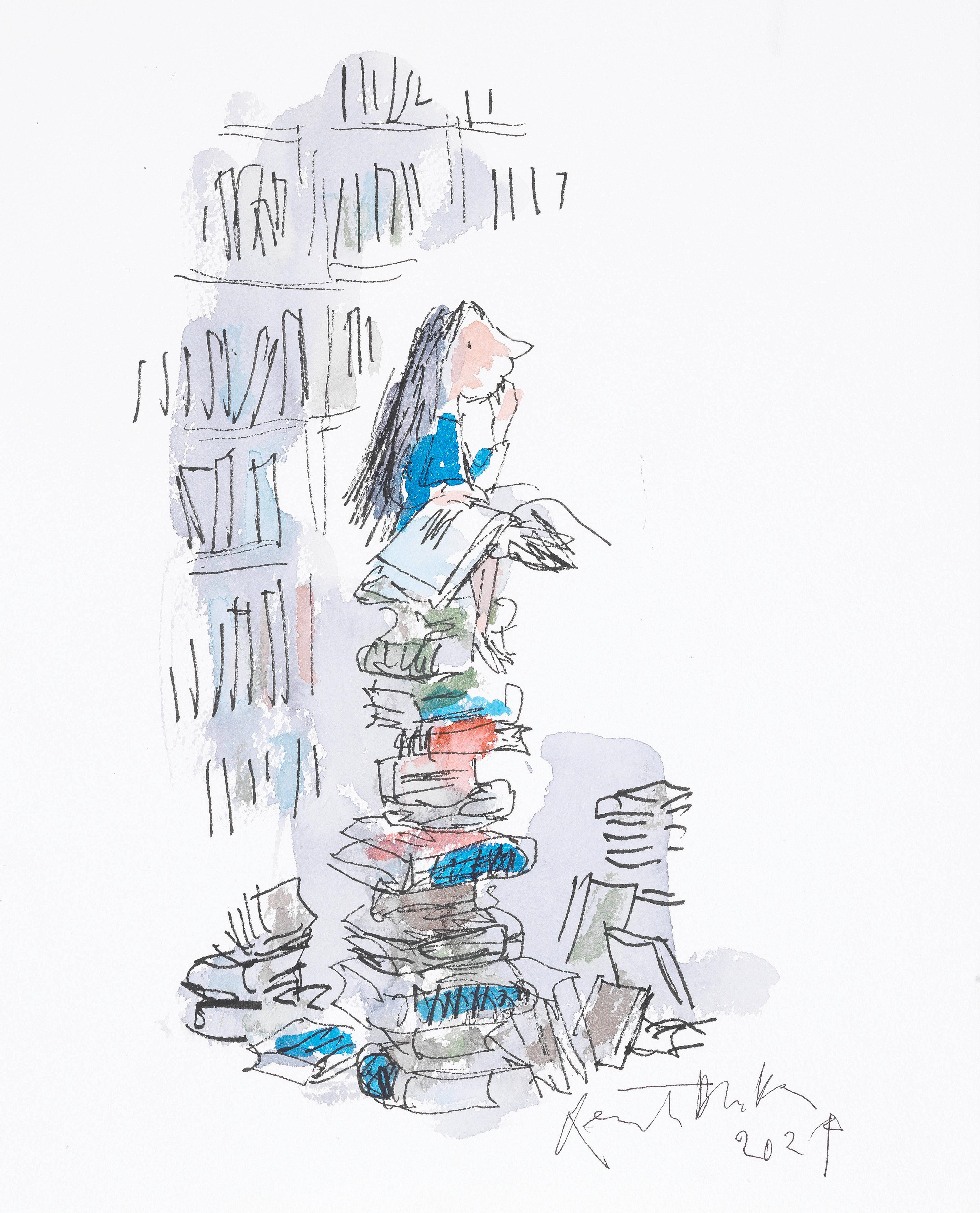 Illustration of a child sitting on top of a pile of books reading a book. Shelves of books are behind them.