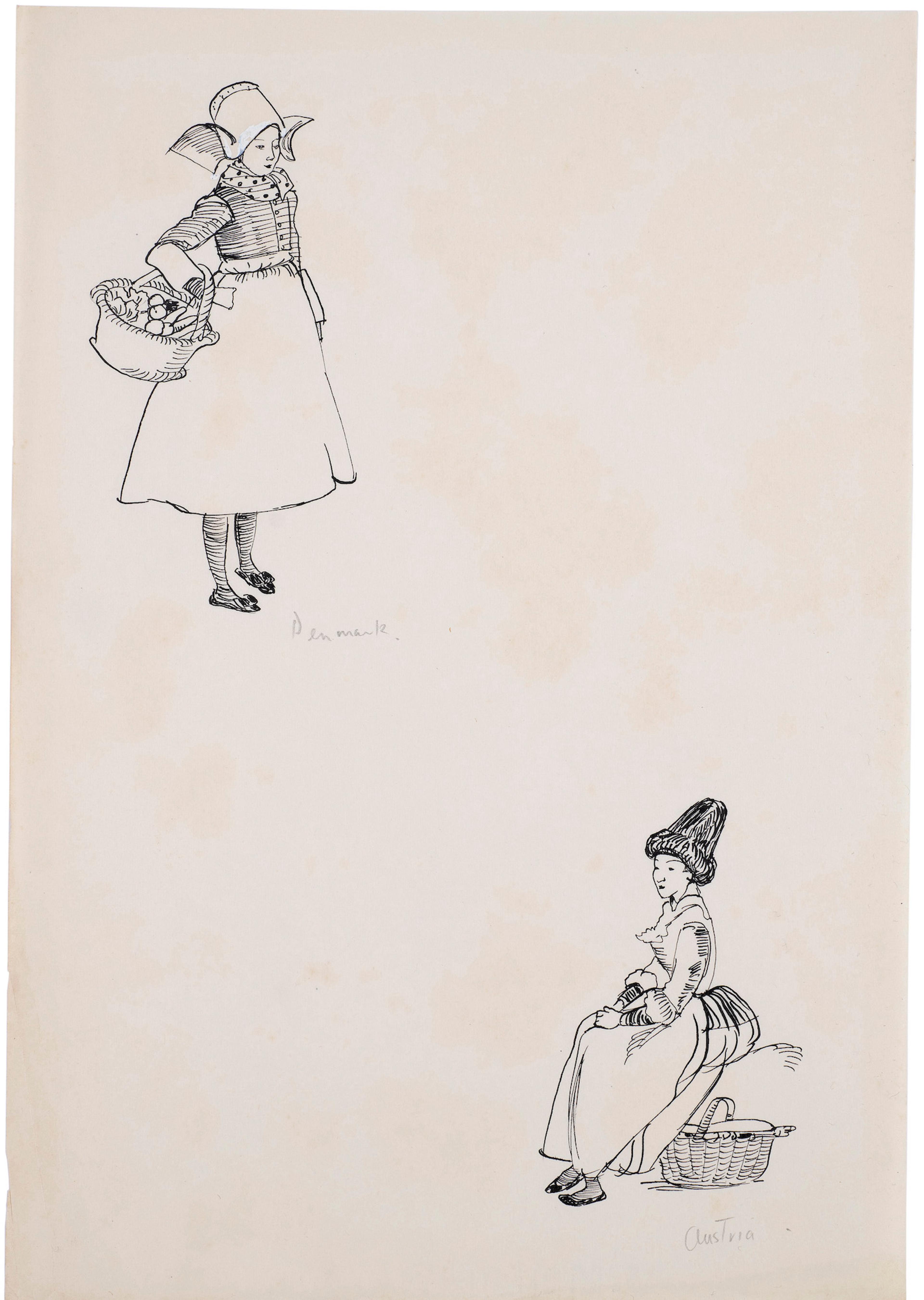 Black and white drawings of figures in Danish and Austrian national dress