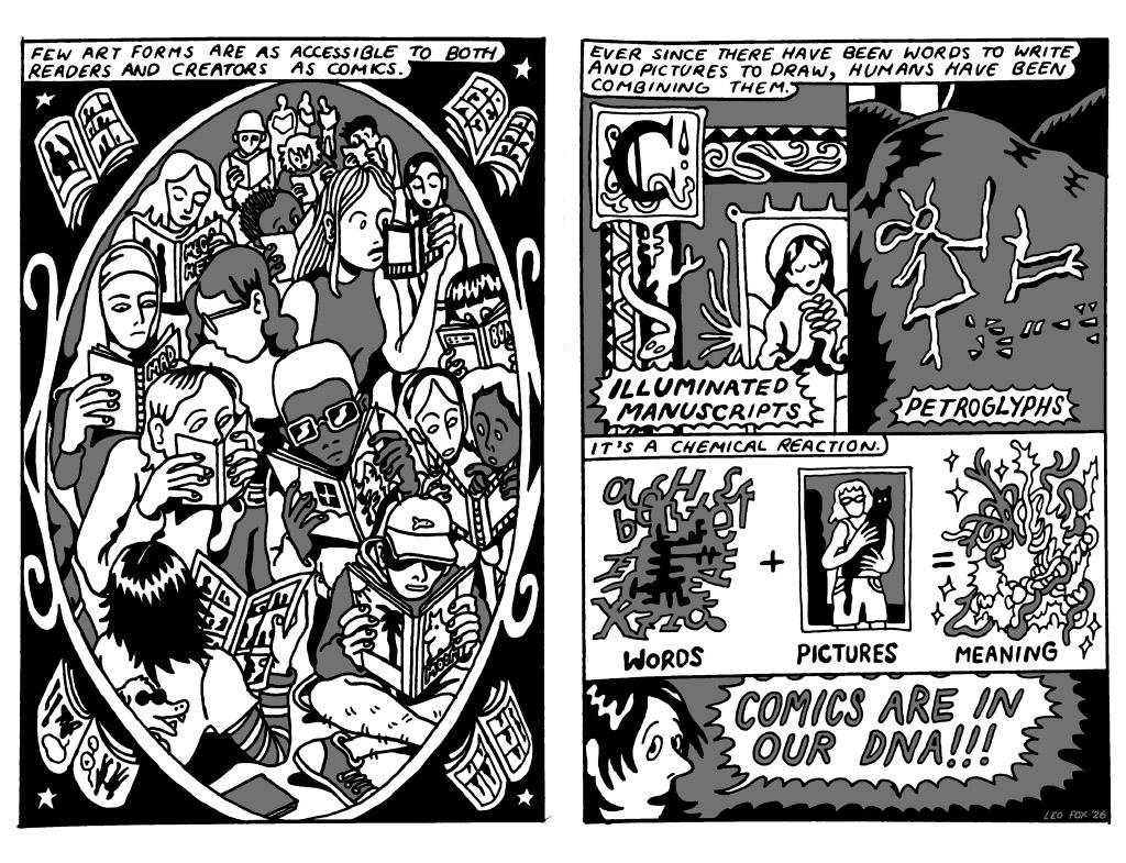 A black and white comic panel. On the left, it shows a crowd of people avidly reading comics. On the right, it shows in text and images how comics have always been a medium used to tell stories.