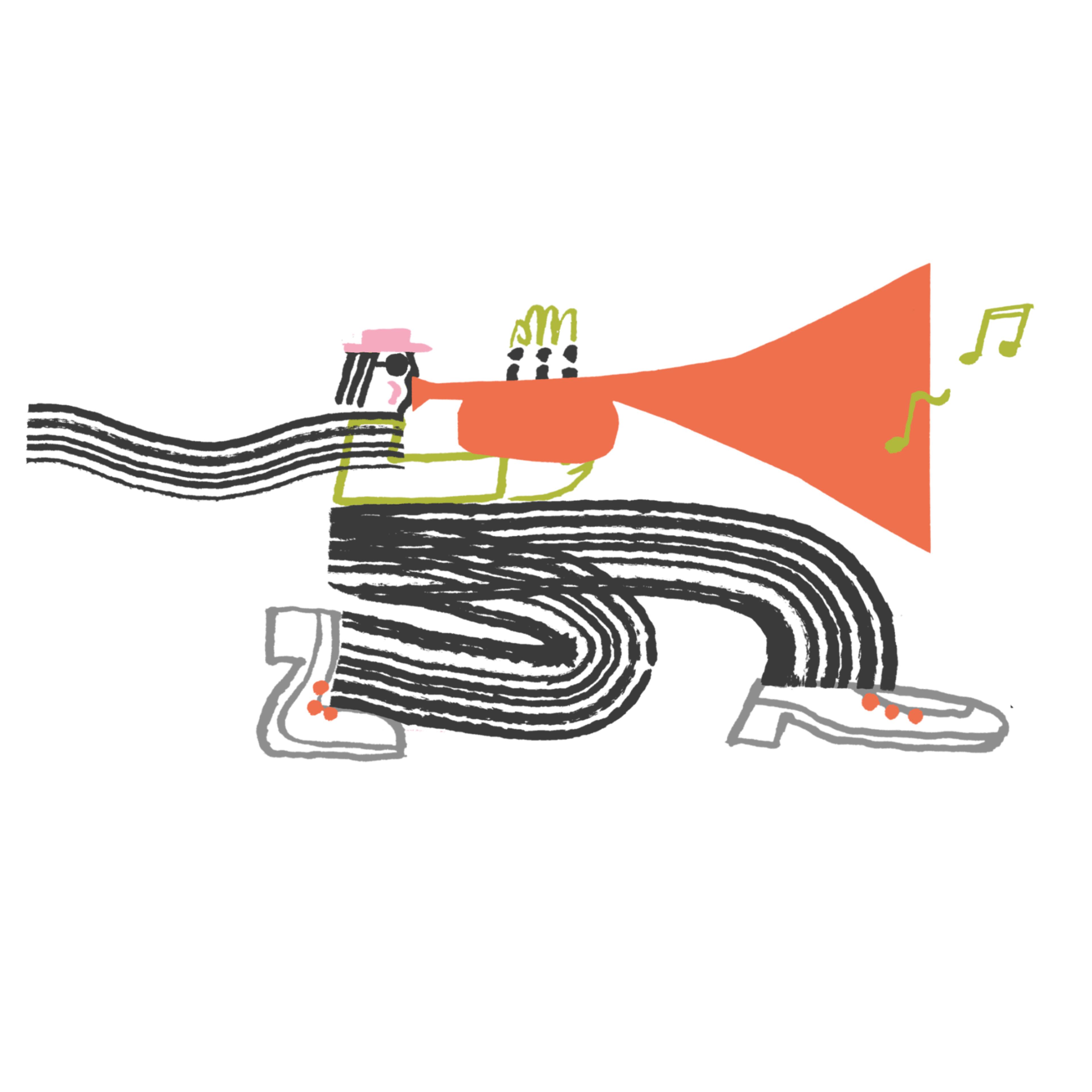 Illustration of a person with long stripy legs blowing a large orange trumpet.