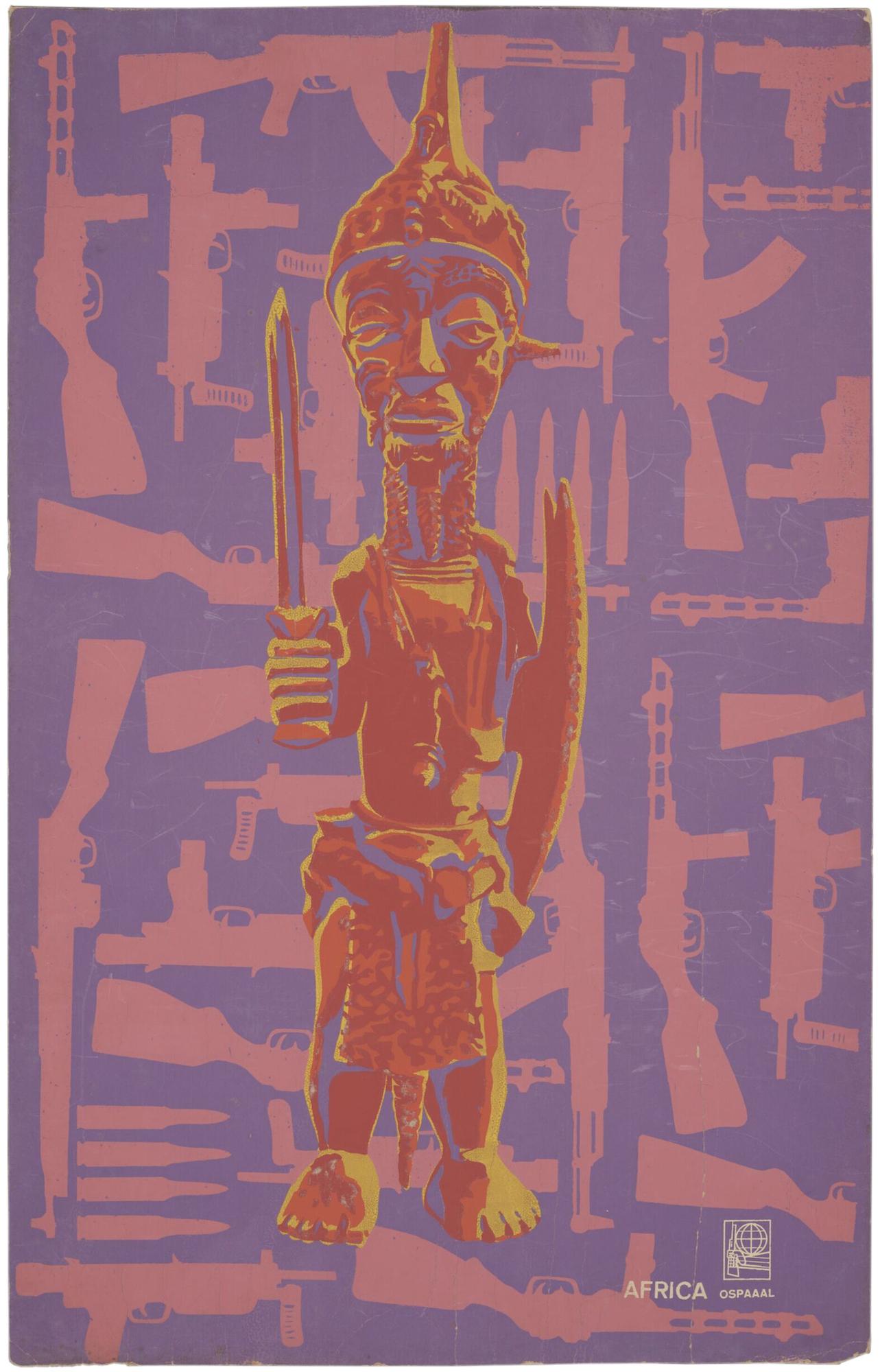 Poster depicting a statue of a warrior holding a sword against a patterned backdrop made up of machine guns