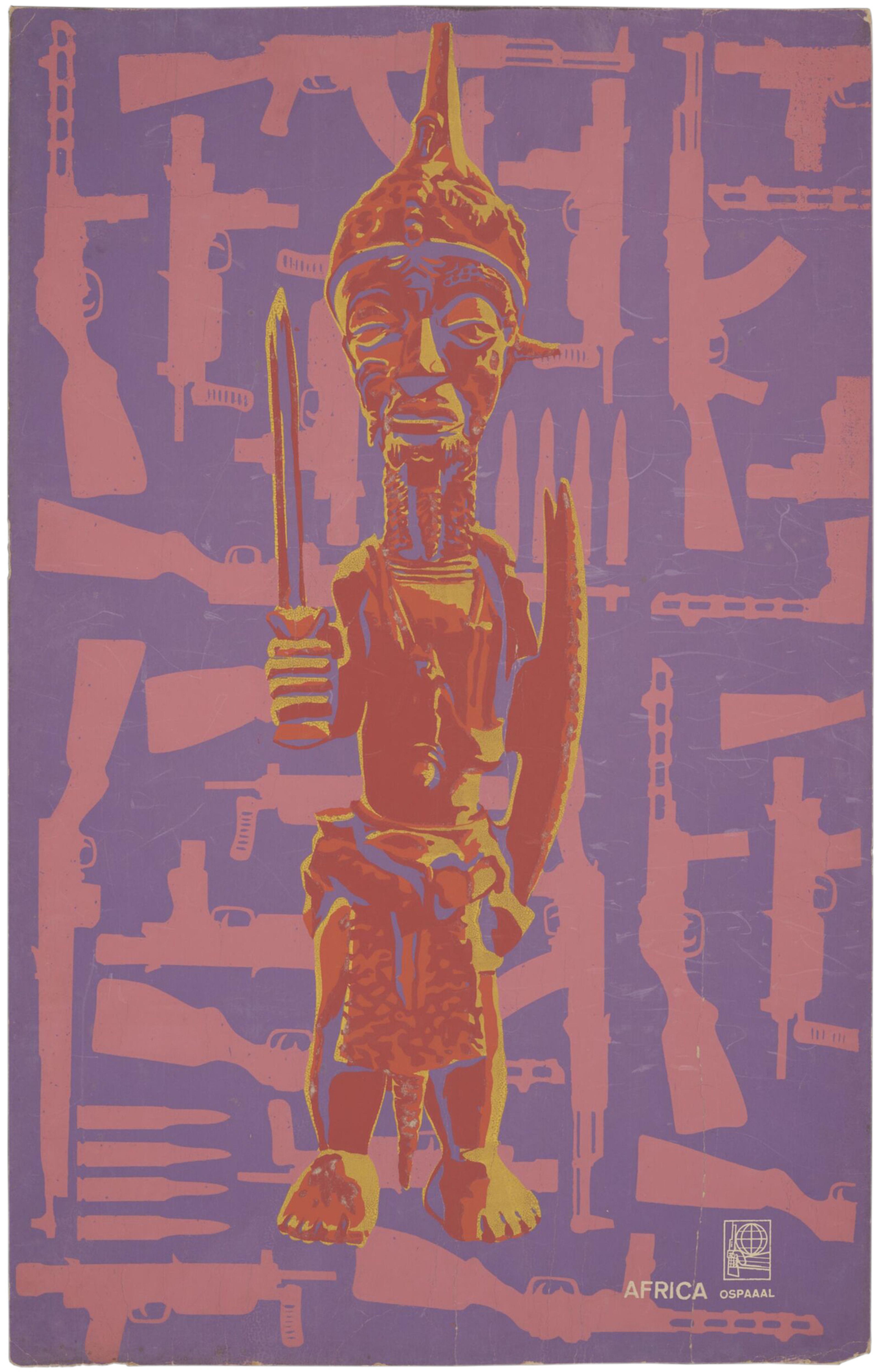 Poster depicting a statue of a warrior holding a sword against a patterned backdrop made up of machine guns