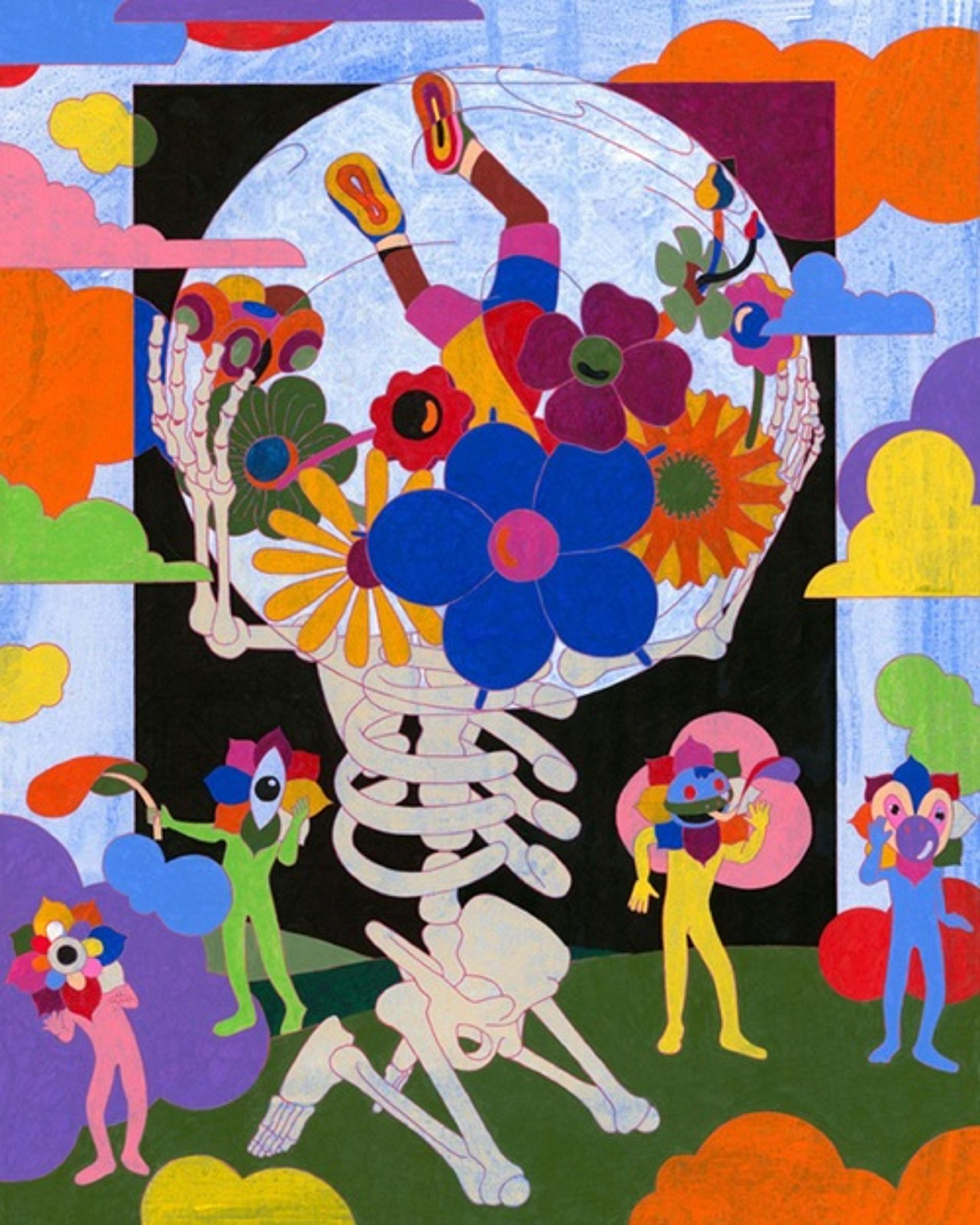 A skeleton sits with colourful flowers in their head