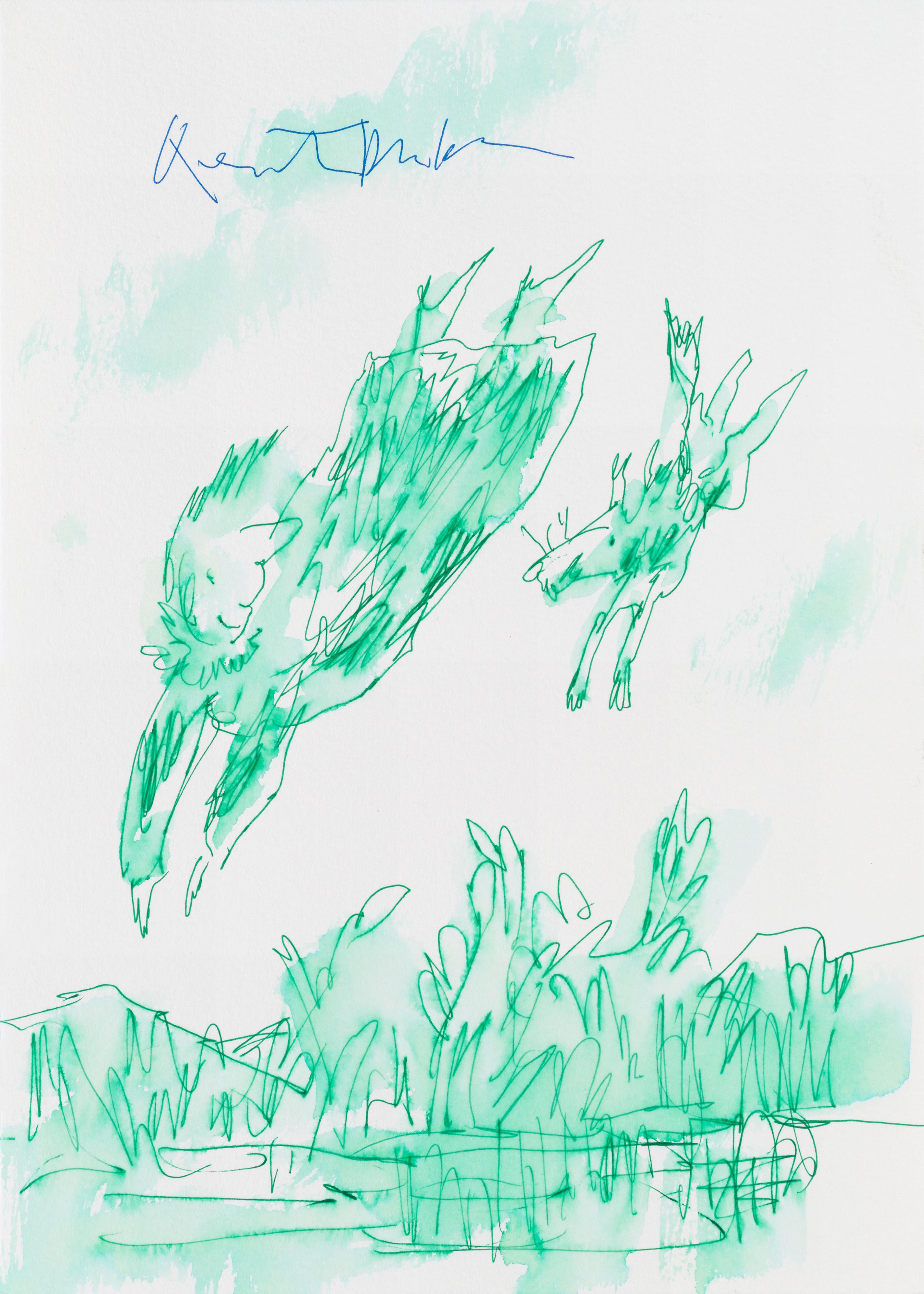 An illustration in green ink and watercolour of a woman and a dog diving into a pool of water, surrounded by foliage