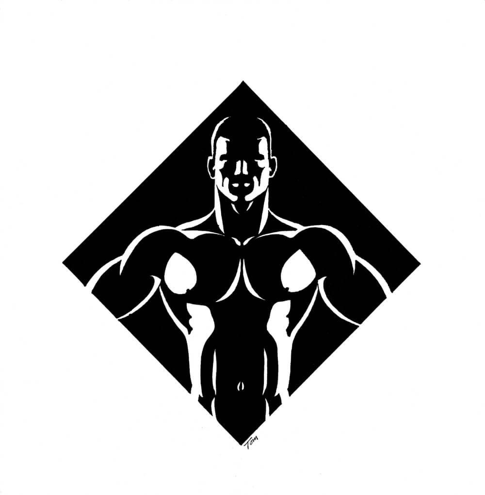 Portrait of a shirtless man in diamond-shaped frame