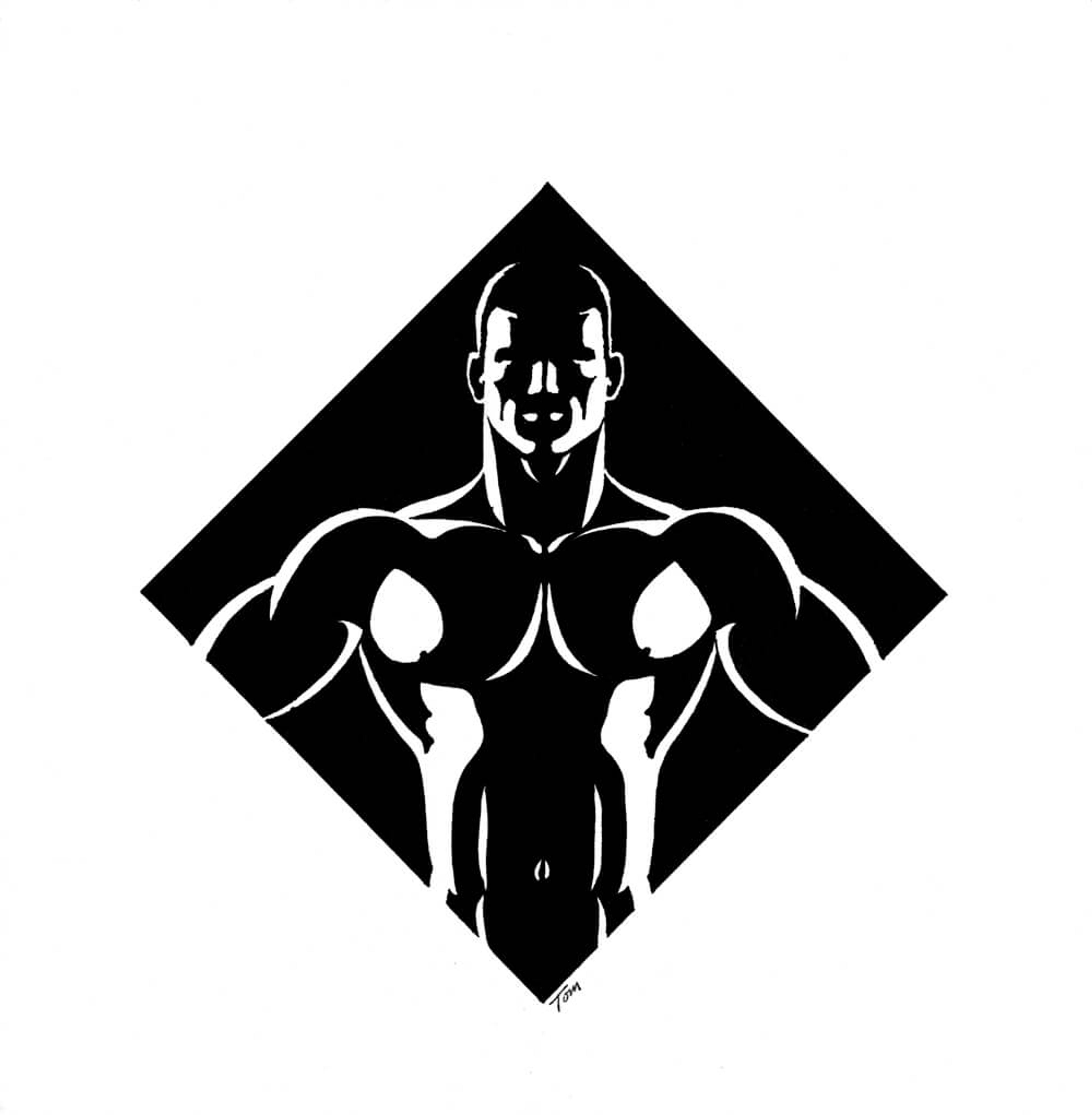 Portrait of a shirtless man in diamond-shaped frame