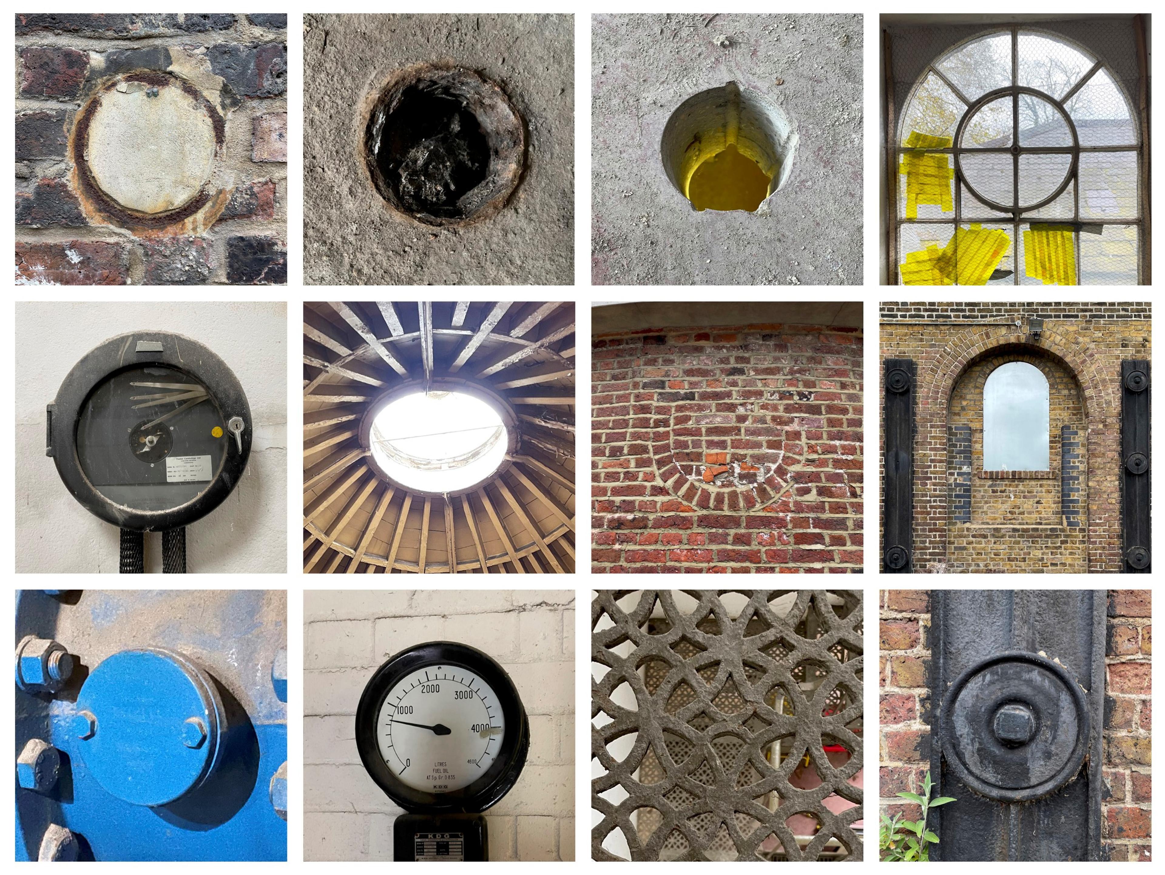 A grid of 12 photographs showing different architectural details from a heritage building which are all circular, including circular windows, pipes, brickwork details and machinery with circular dials