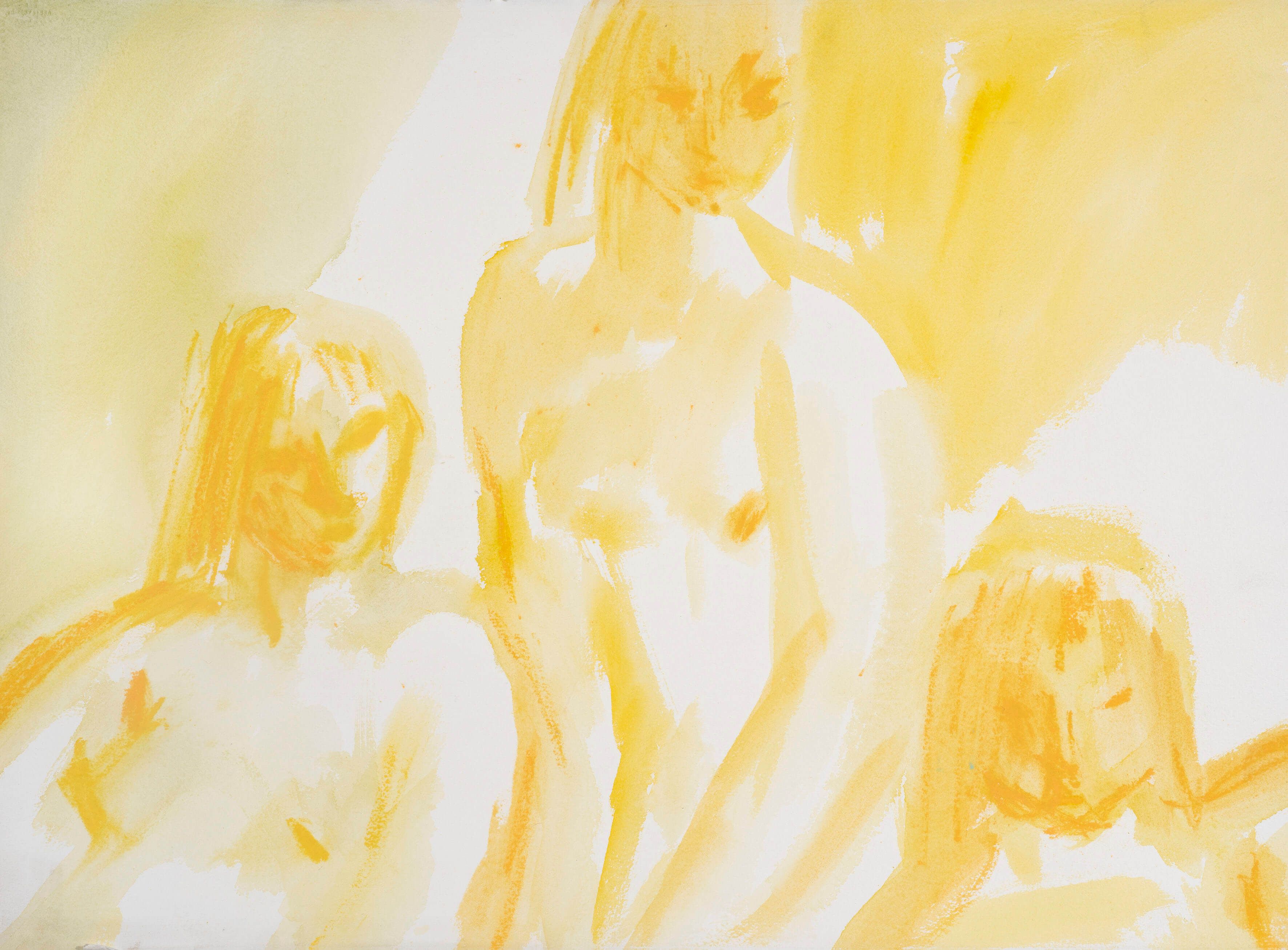 Three nude figures rendered in pale yellow