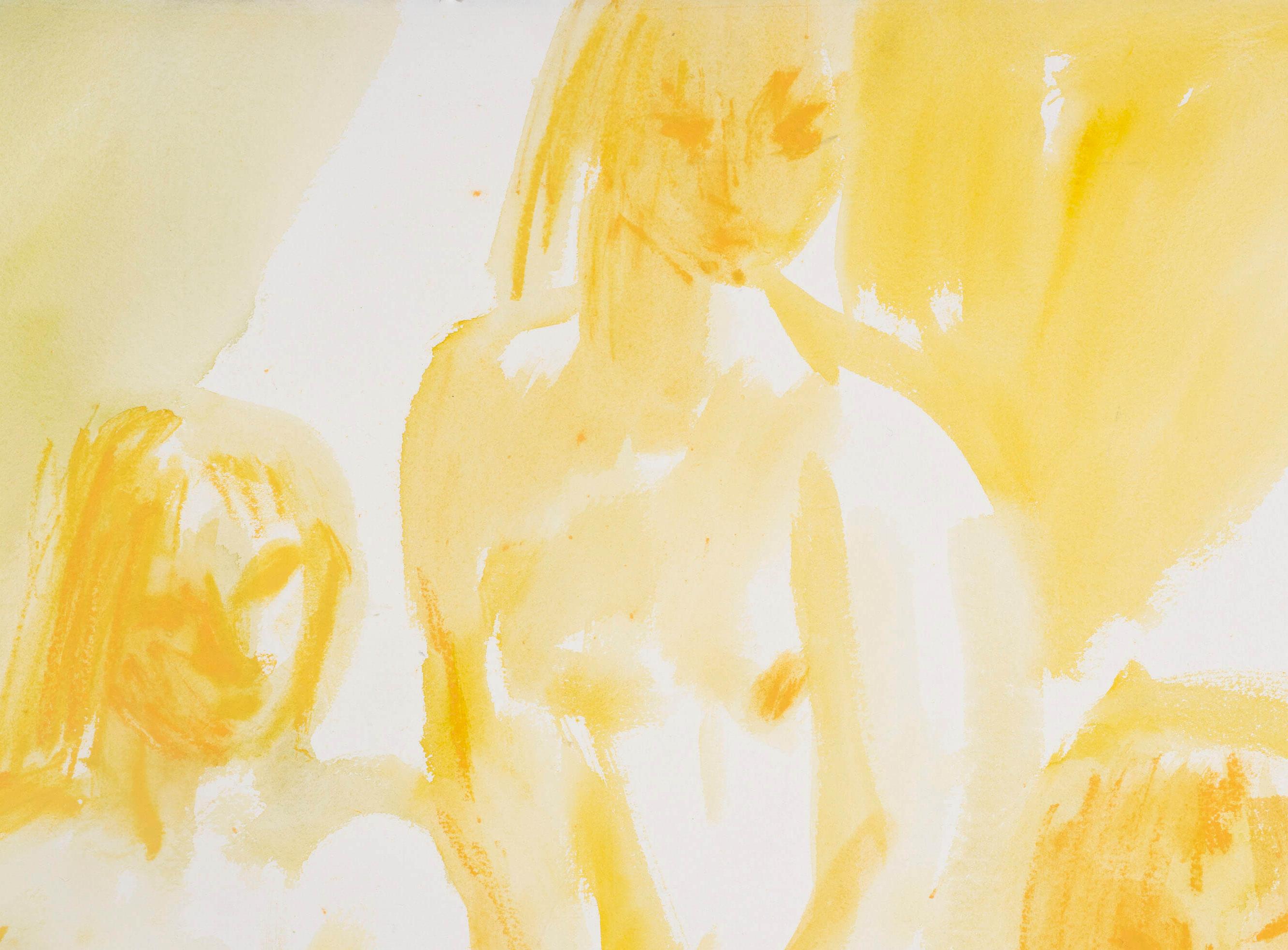 Three nude figures rendered in pale yellow