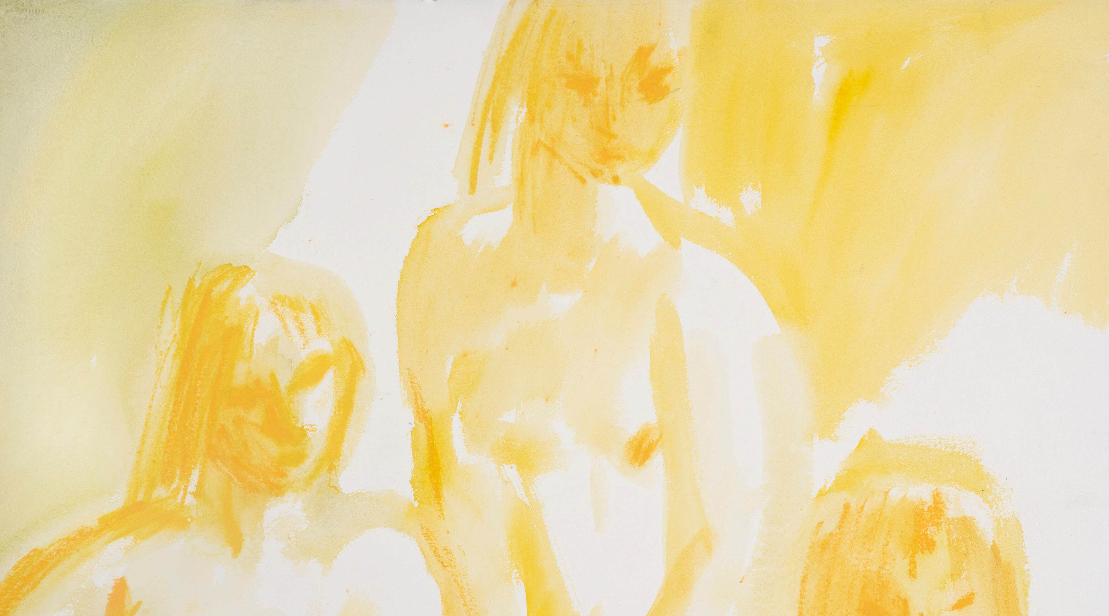 Three nude figures rendered in pale yellow