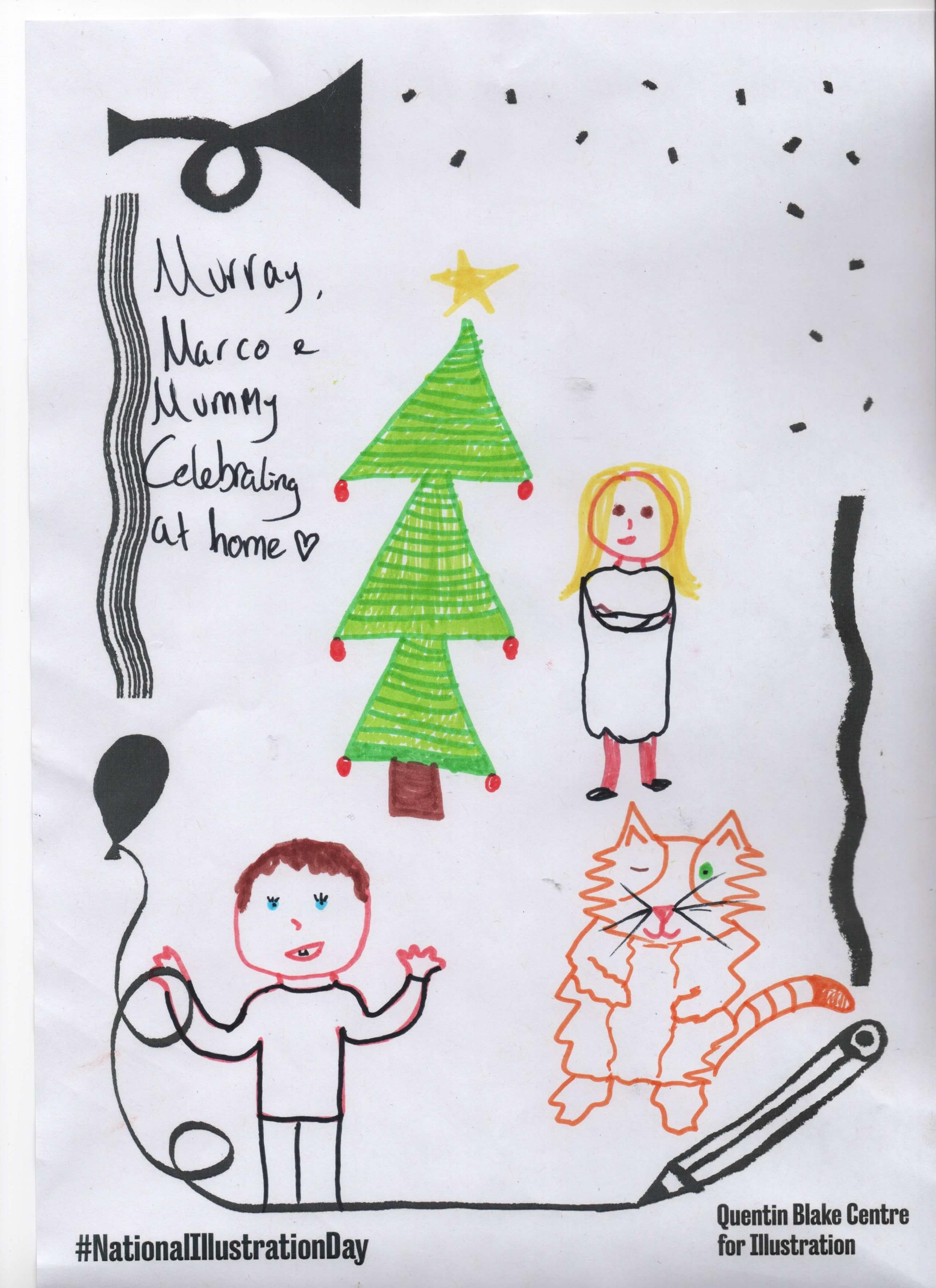 Sketchpen drawing of a child, adult and cat around a Christmas tree with the words "Harry, Marco + Mummy celebrating at home."