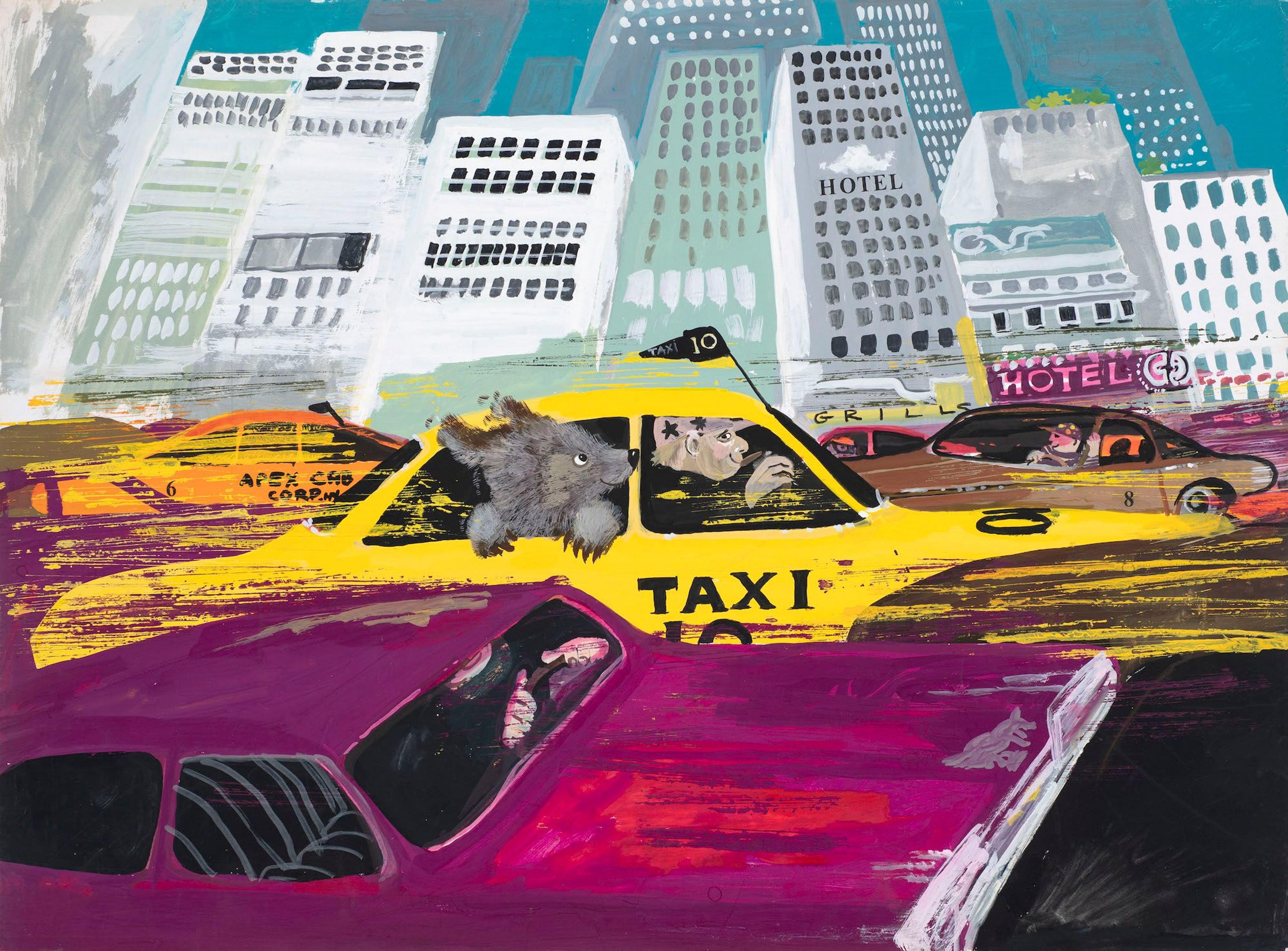 A small furry creature pokes out of a yellow taxi sitting in traffic in a city