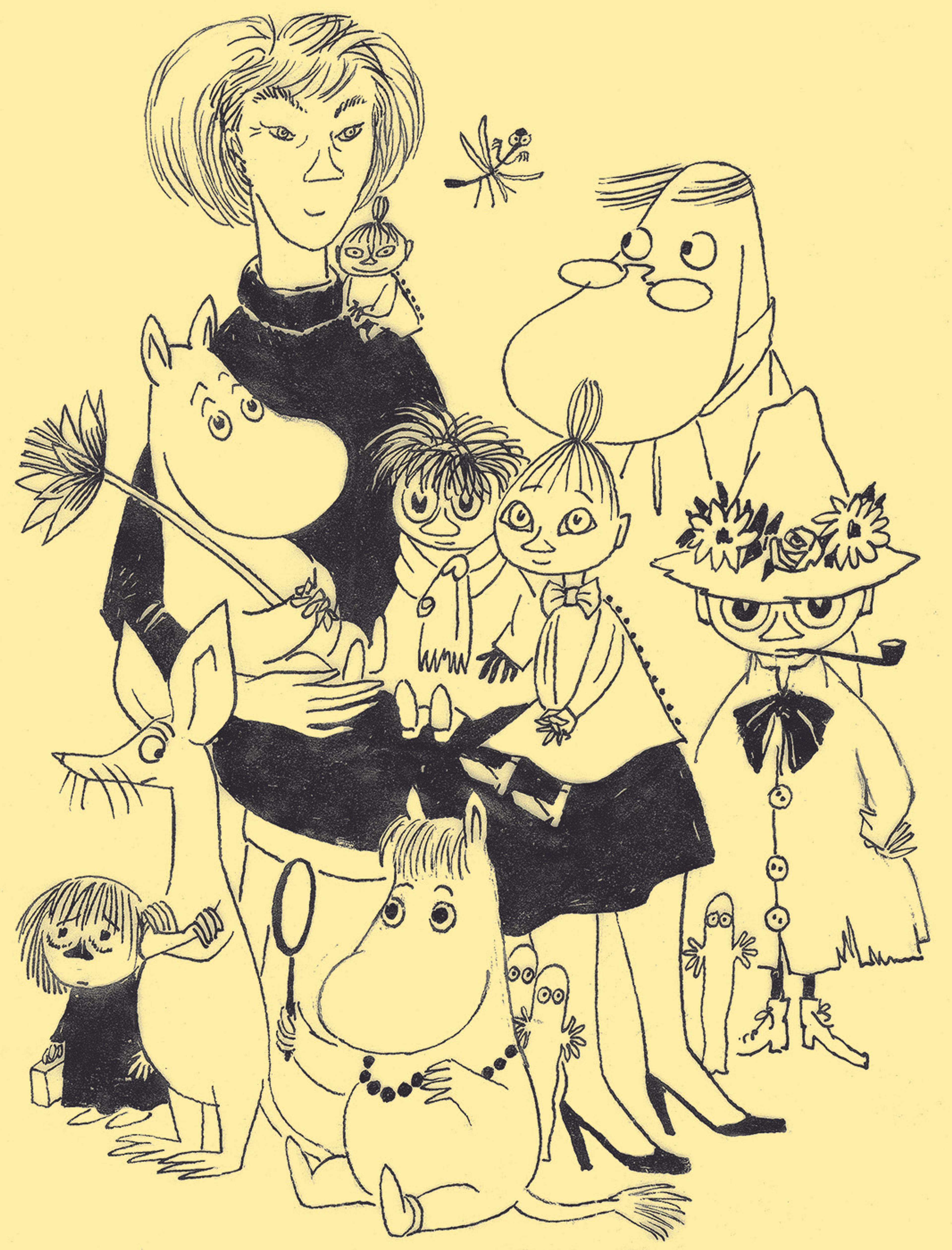 Black and white illustration of Tove Jansson with Moomin troll characters surrounding her and sitting in her lap