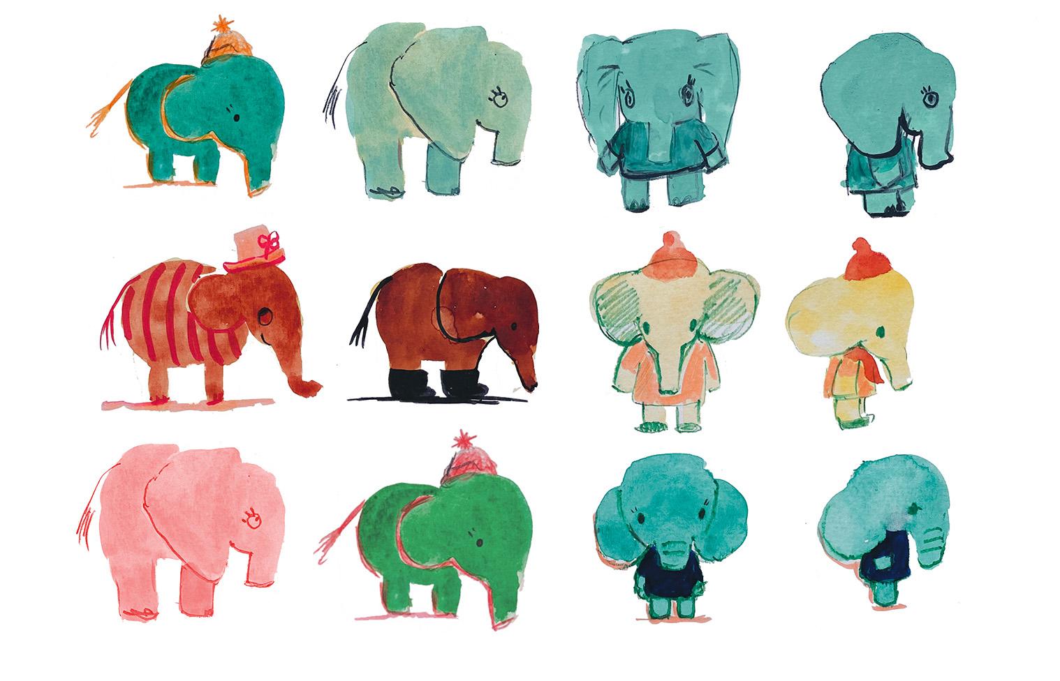 Illustration of twelve different elephant characters.