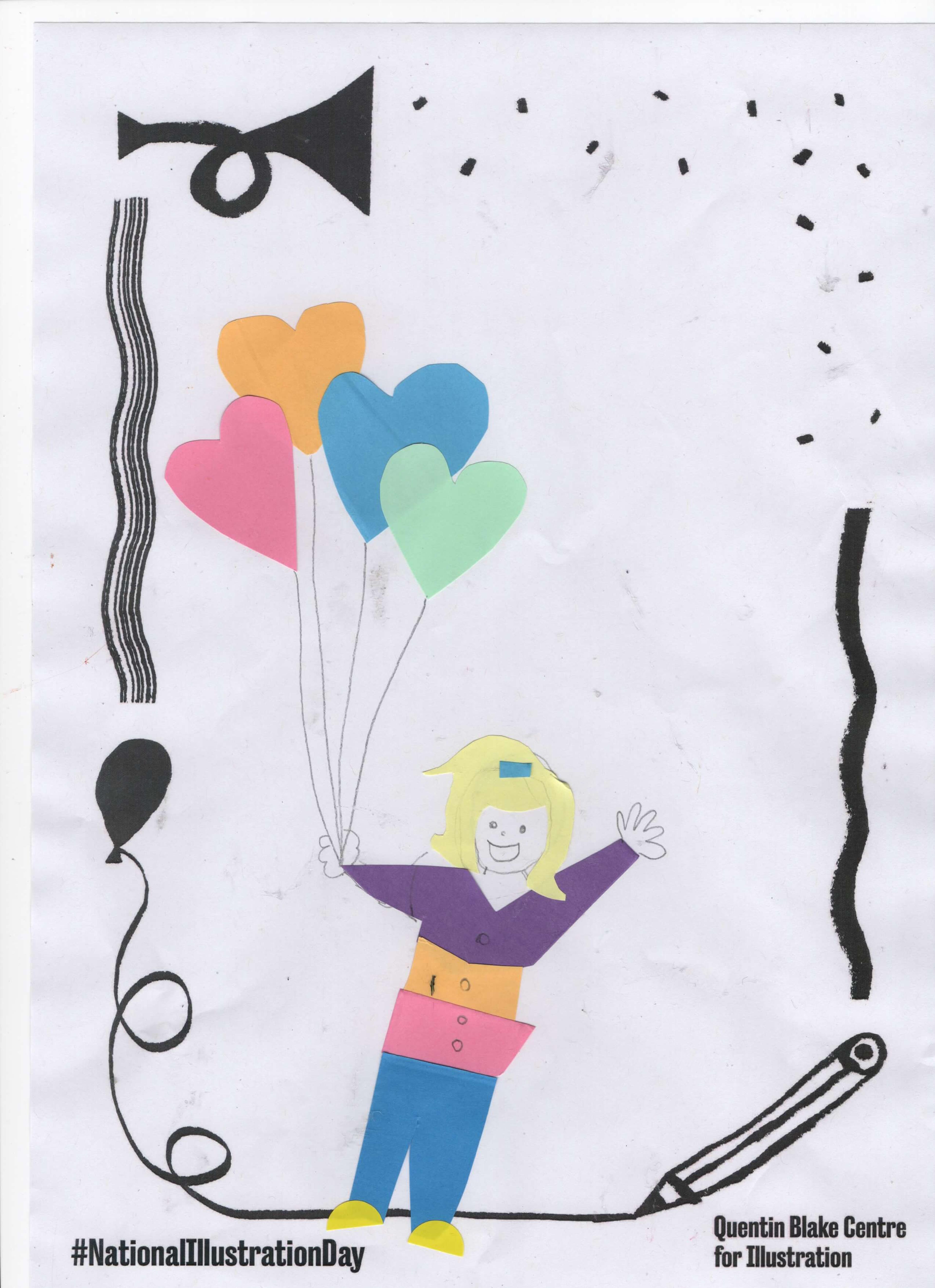 A happy collage of a child holding colourful heart-shaped balloons