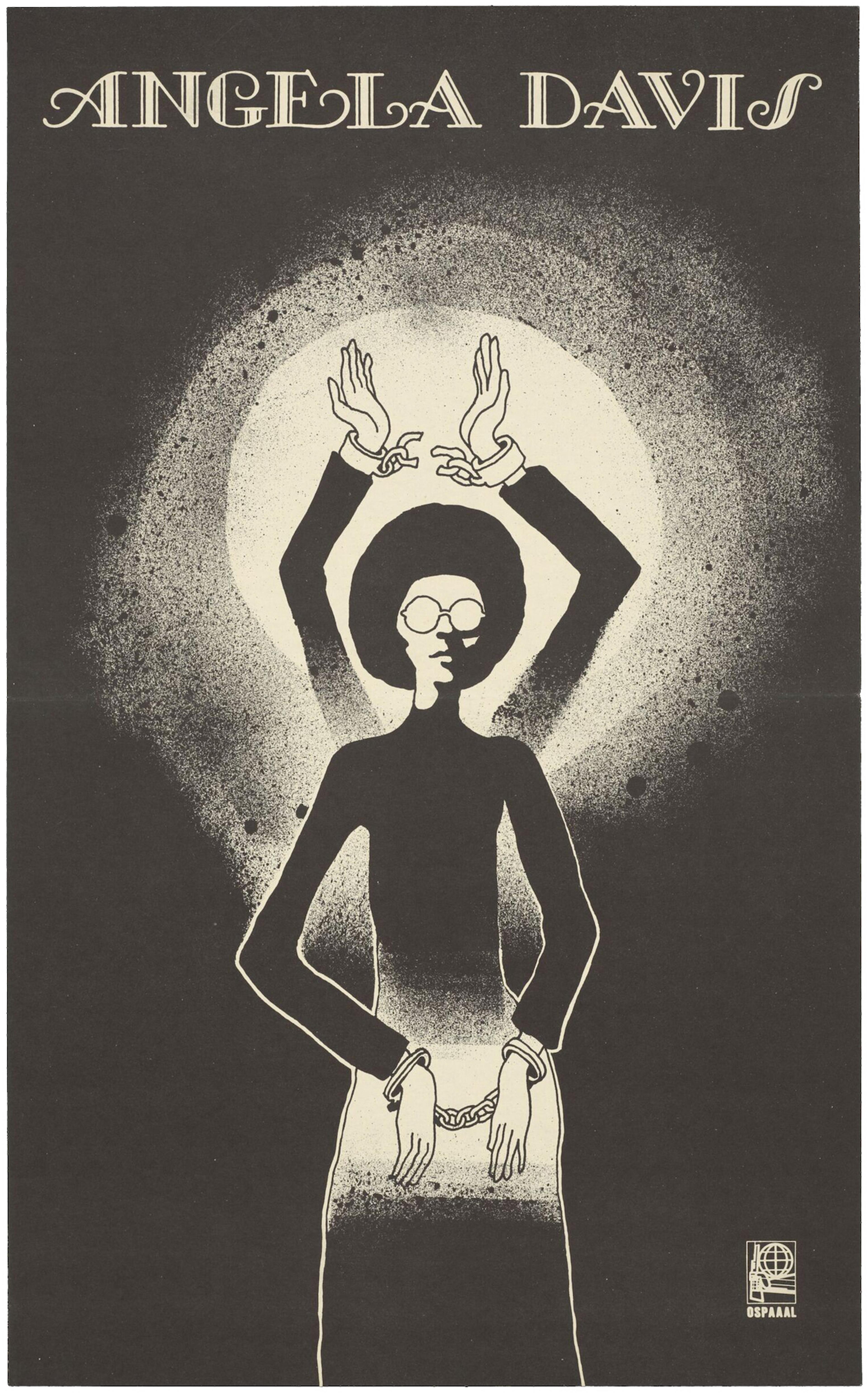 Black and white offset lithograph poster with an illustration of Angela Davis, with her hands cuffed across her front. Behind her another set of her arms breaking free of handcuffs.