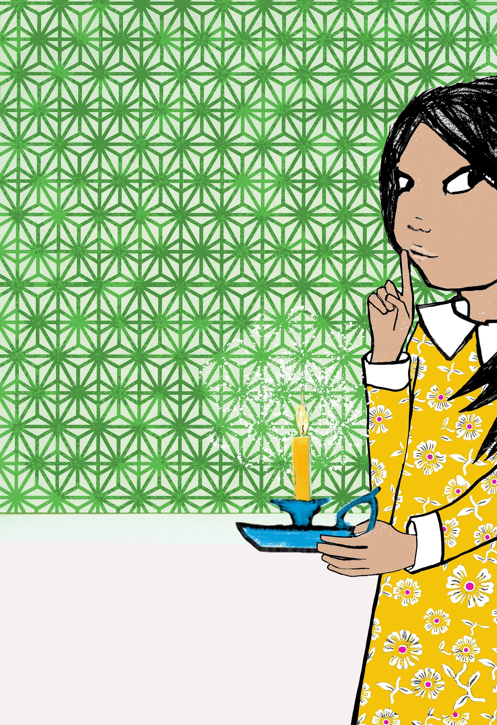 Illustration of a child holding a candle with a finger raised in shushing gesture