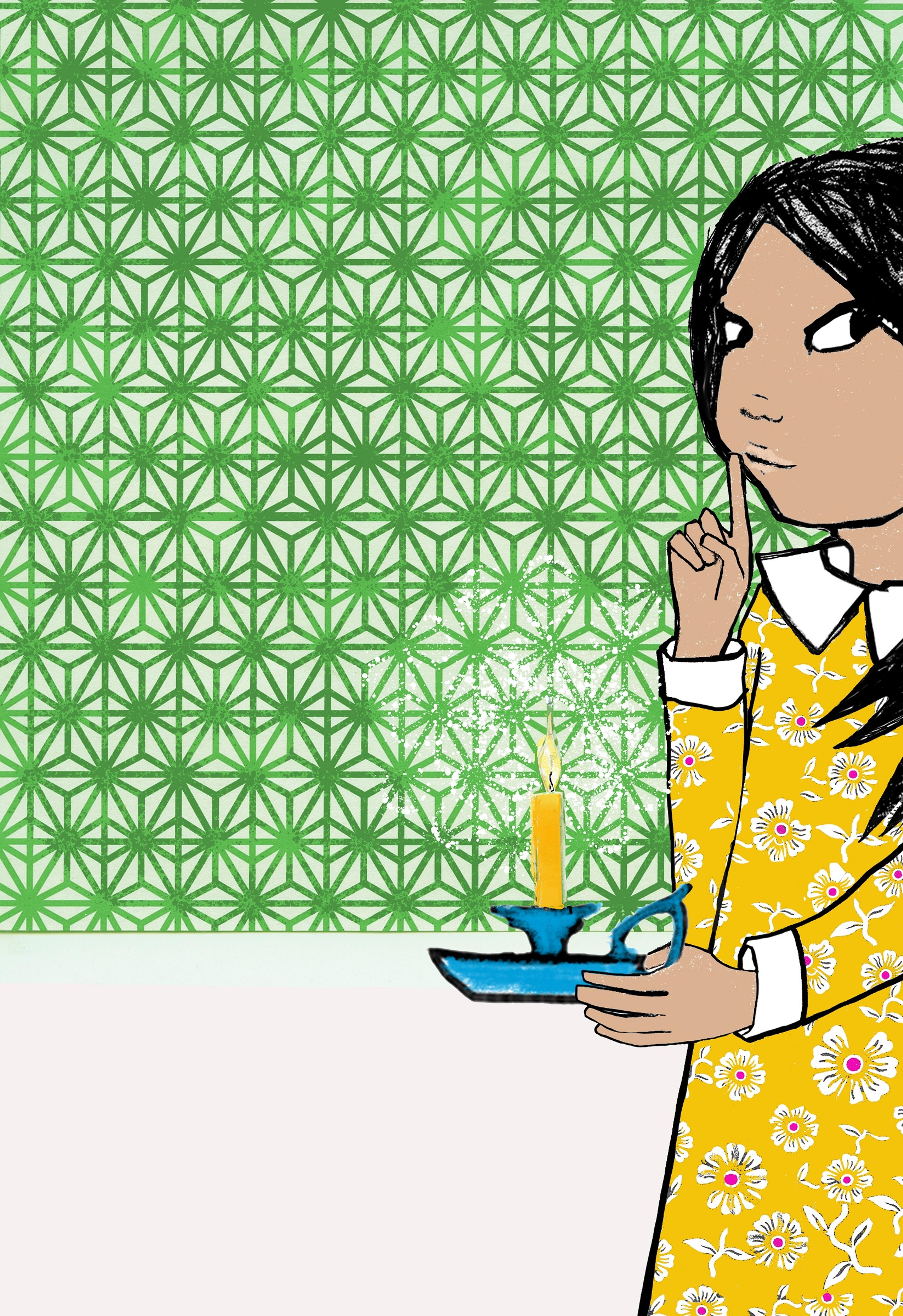 Illustration of a child holding a candle with a finger raised in shushing gesture