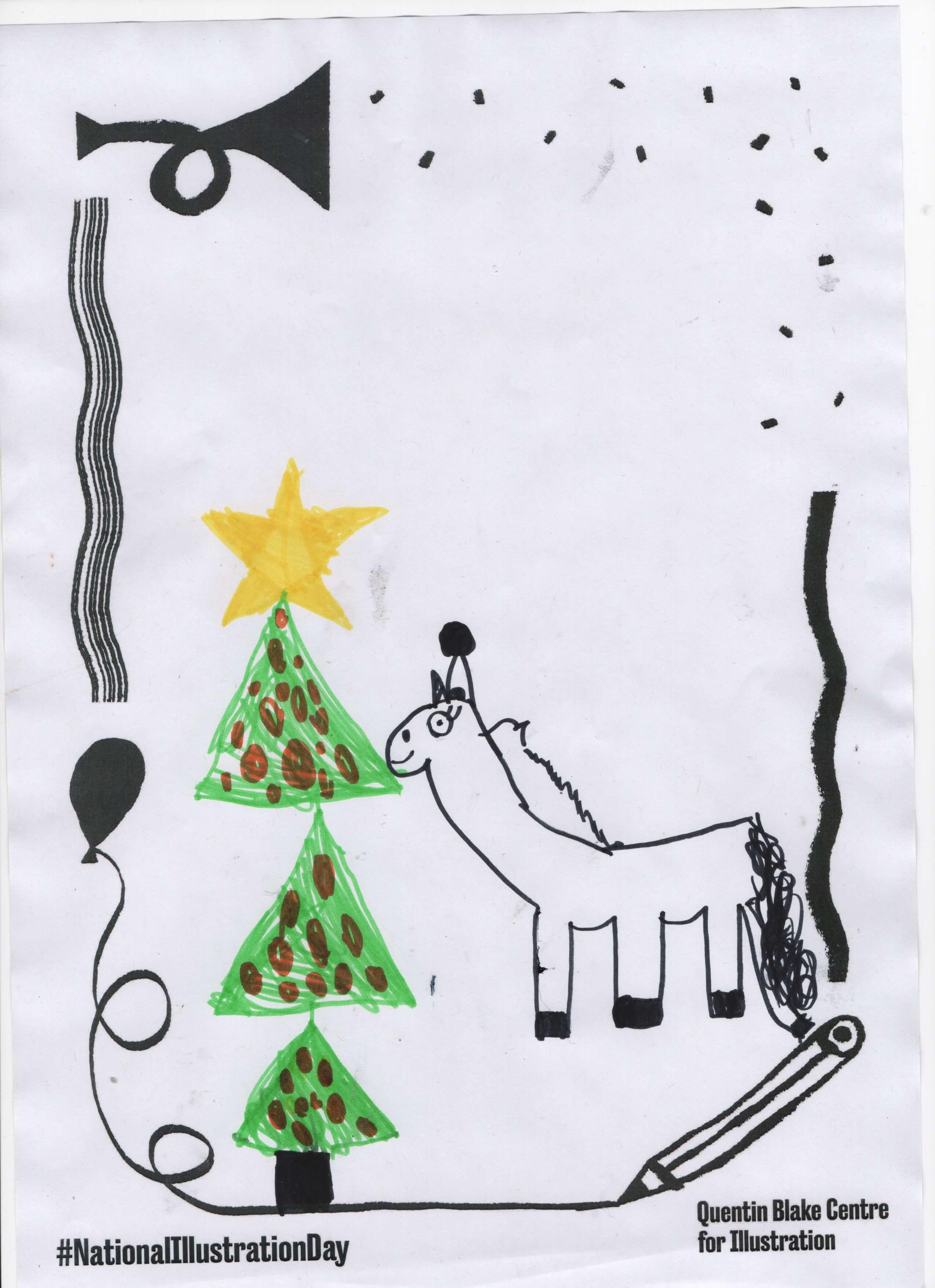 Child's drawing of a horse wearing a party cap next to a coloured Christmas tree. 