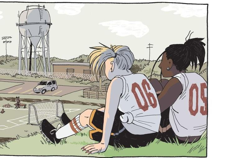 A comic panel illustration showing two figures in sportswear sitting on grass and looking out over a car park.