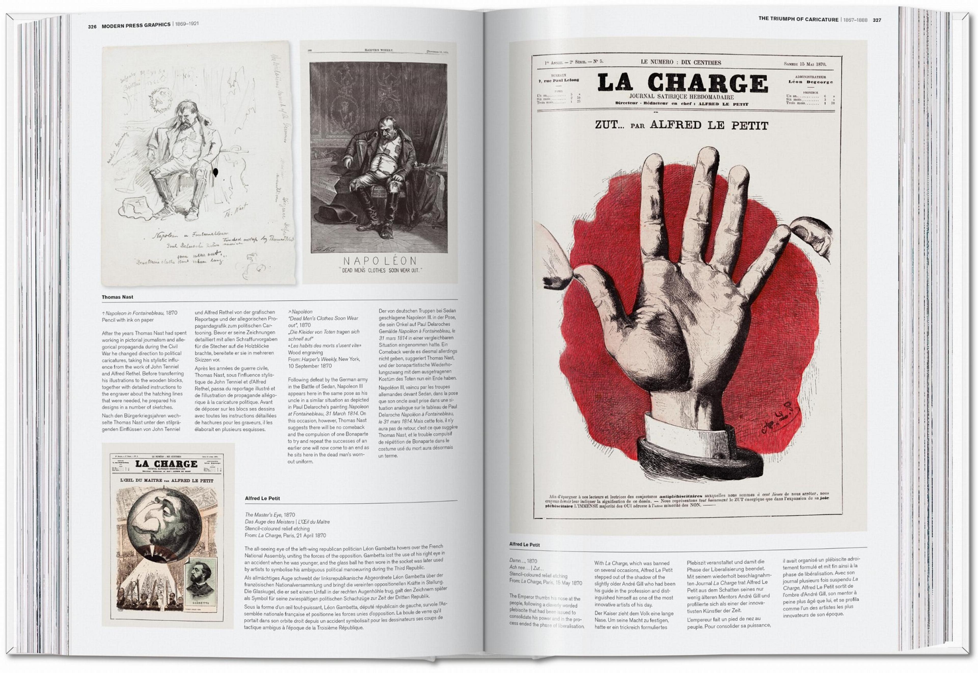 Photograph of an open book with images of two magazine covers and a sketch of Napoleon with a printed version of the same image