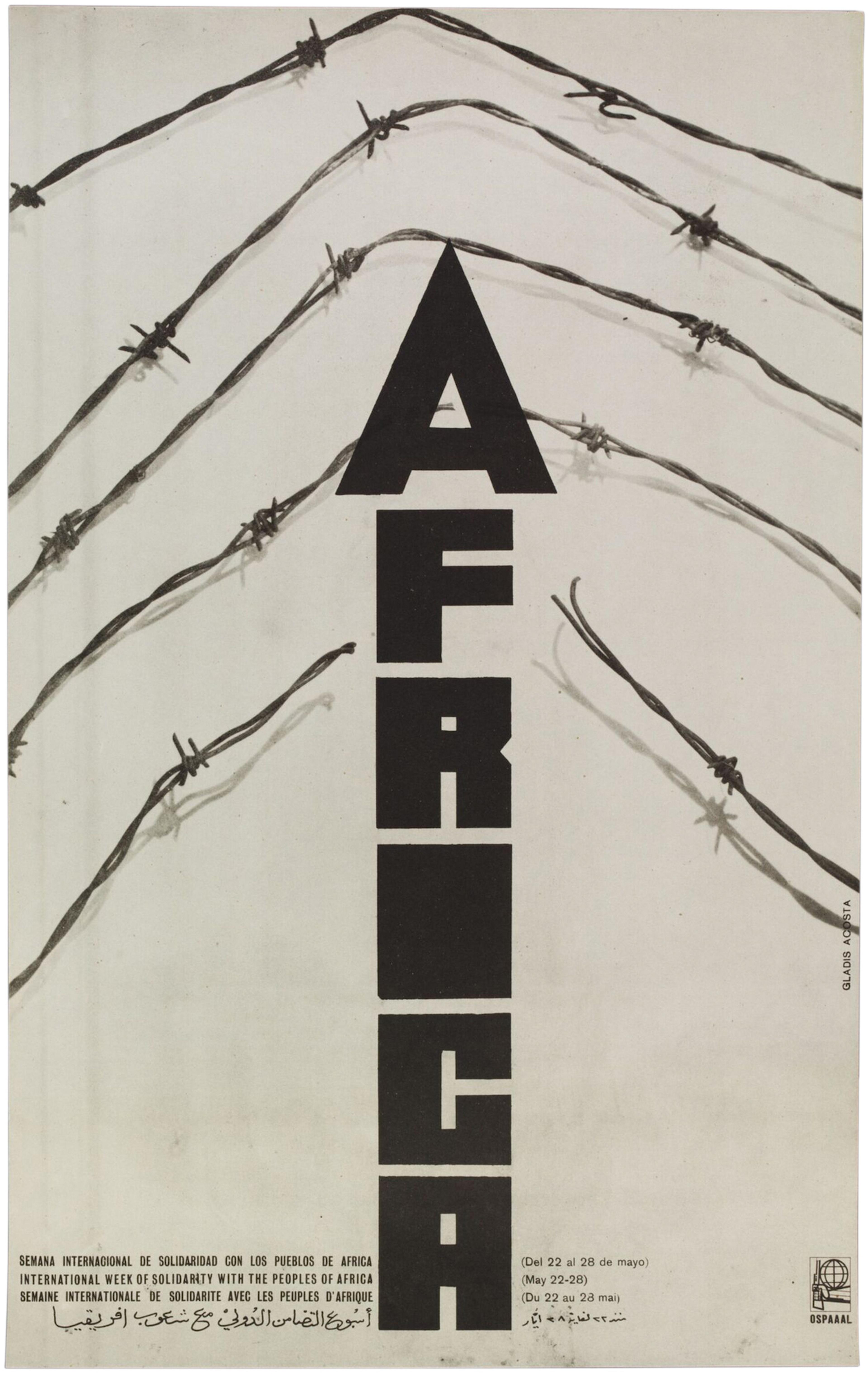 Letters spelling out 'Africa' in the shape of an arrow, breaking through five layers of barbed wire.