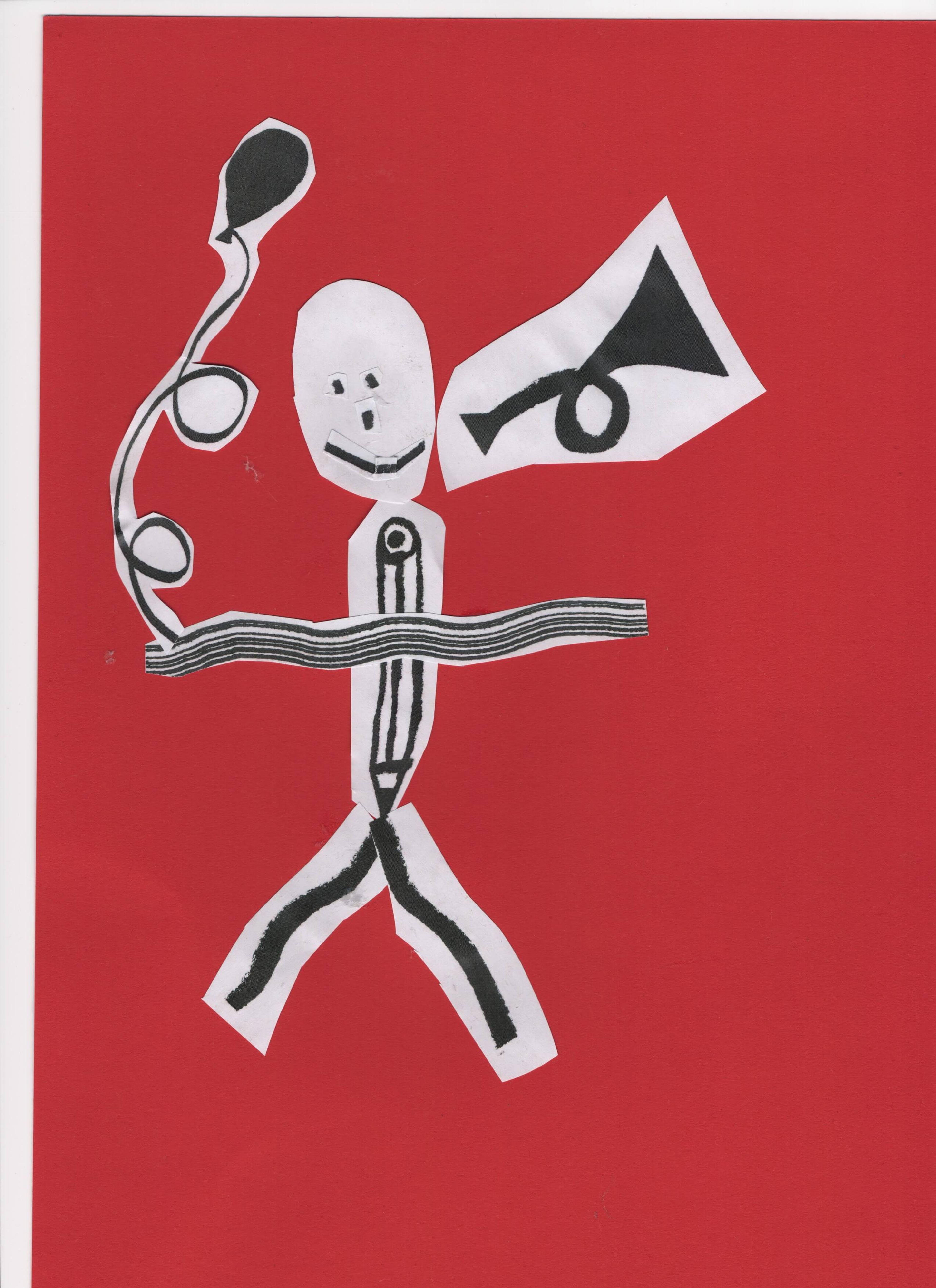 A smiling stickman holding a balloon made using collaged shapes, against red cartridge paper.
