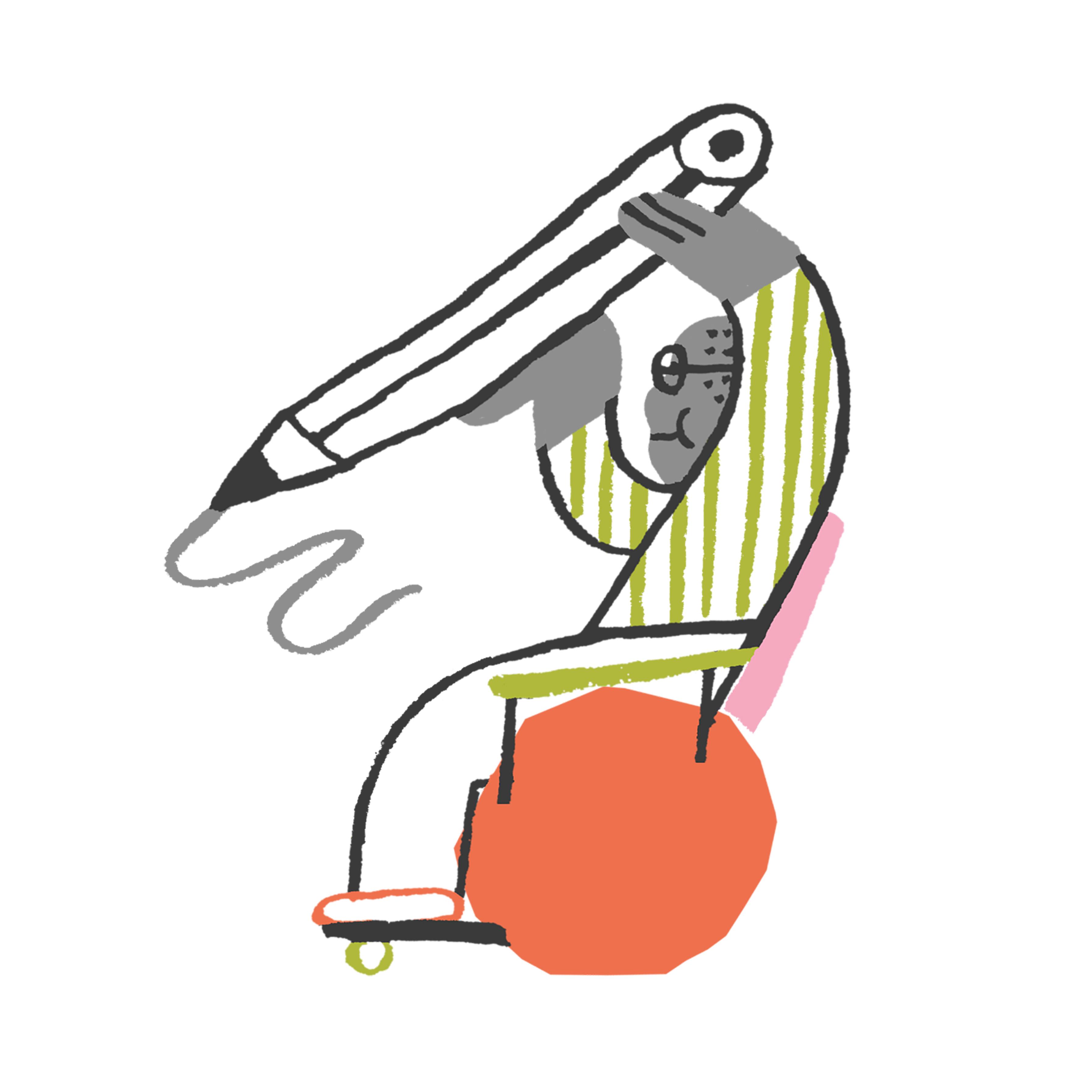 Person in a wheelchair drawing with a very large pencil.