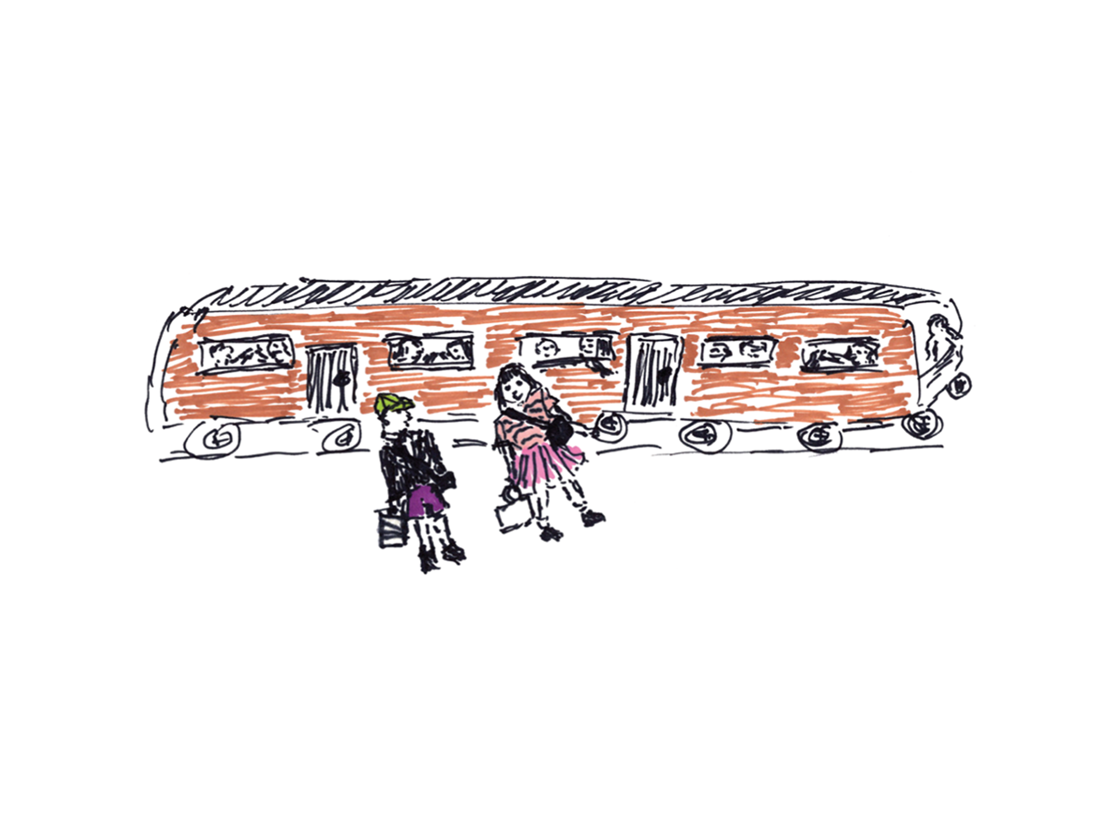 Illustration of two people on a railway platform with a train full of people behind