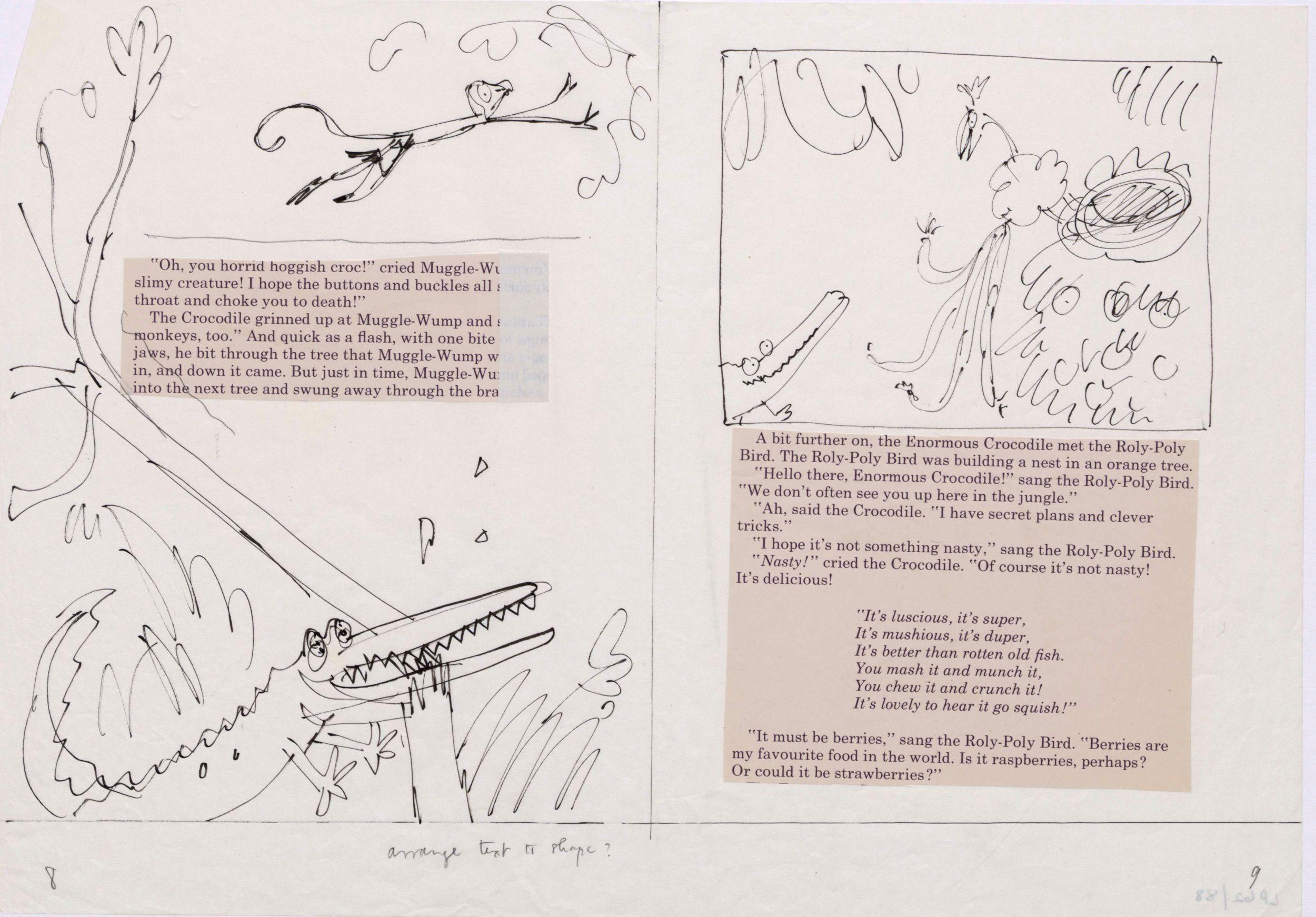 A double page spread of preliminary pages for The Enormous Crocodile in which illustrations of a crocodile chiming on a tree surround cut-outs of printed text on the page.