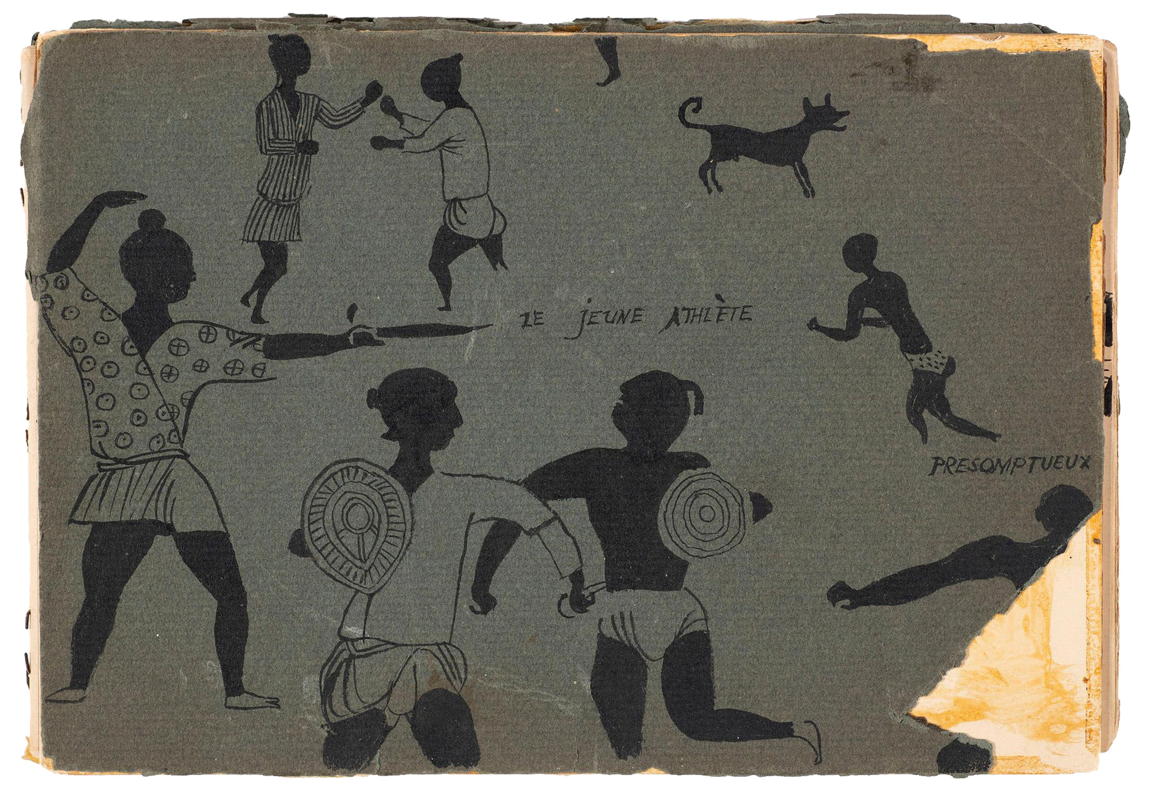 Green cover of a battered paper book with handdrawn dancing and fighting figures in black