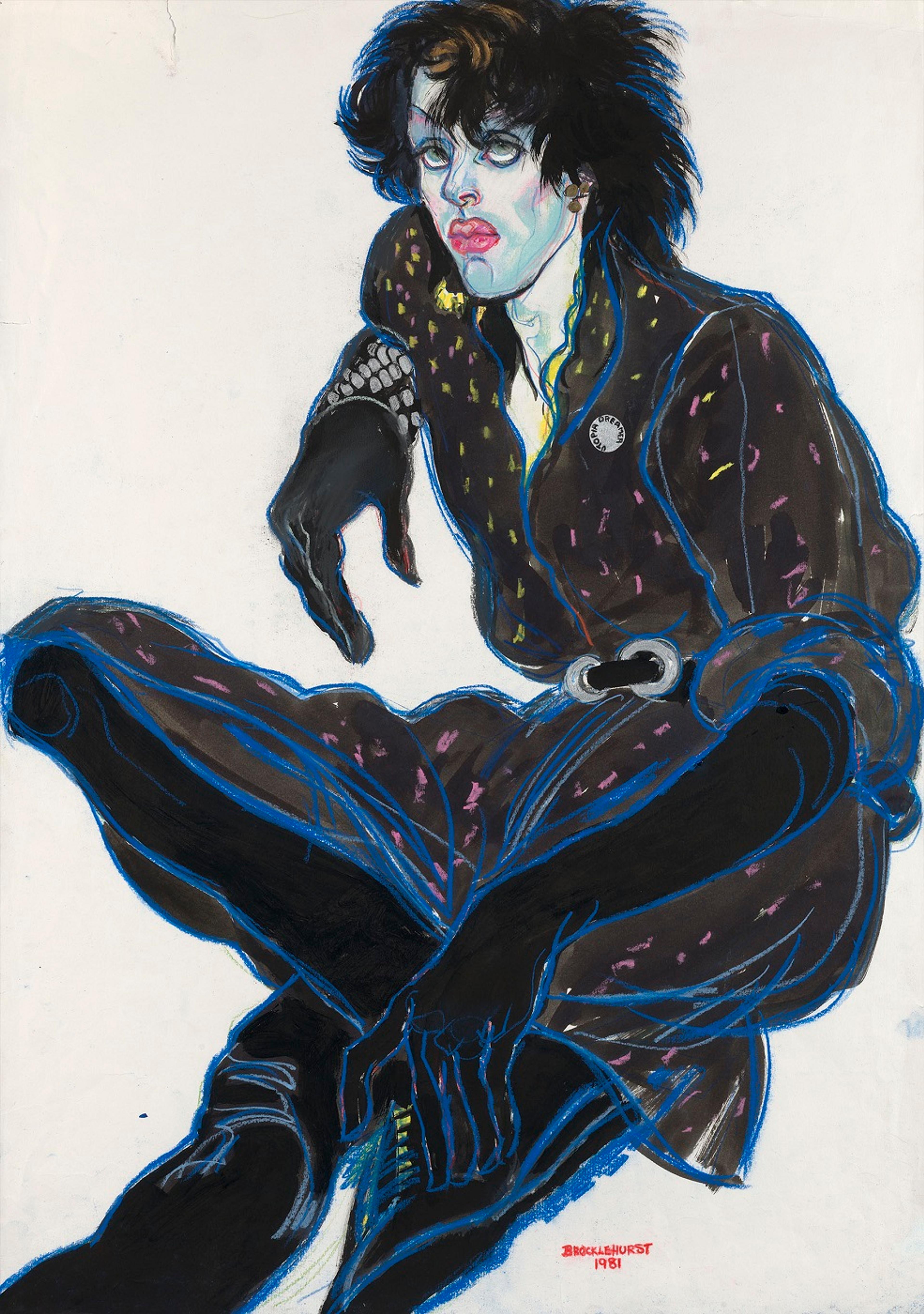 Drawing of a person sitting down wearing a full length black dress or jumpsuit, silver studded cuff and a silver badge with the words 'utopia dreamer'