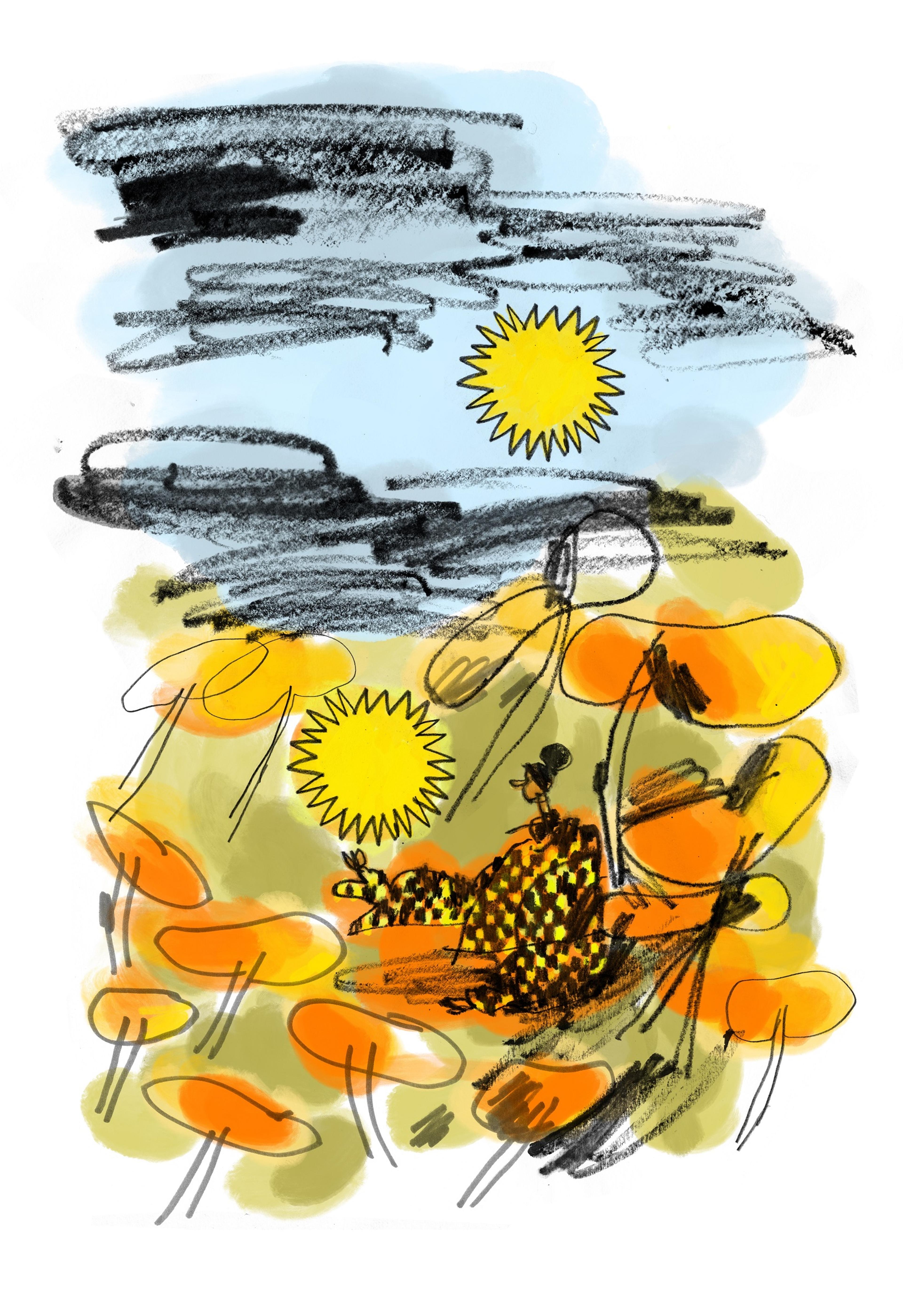 Illustration of a person surrounded by flora, with a yellow spark in front of them