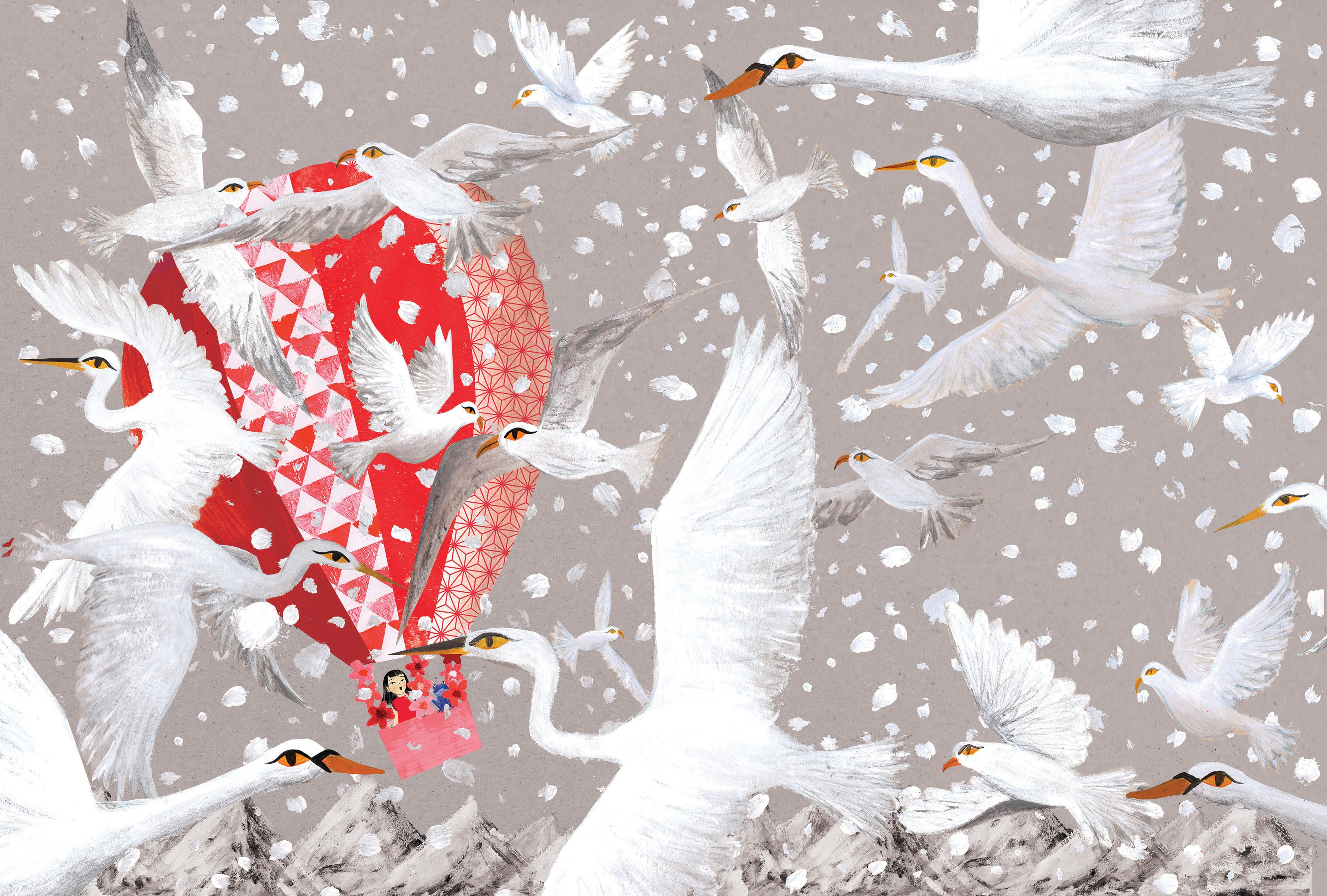 Illustration of a hot air balloon flying around cranes and doves.