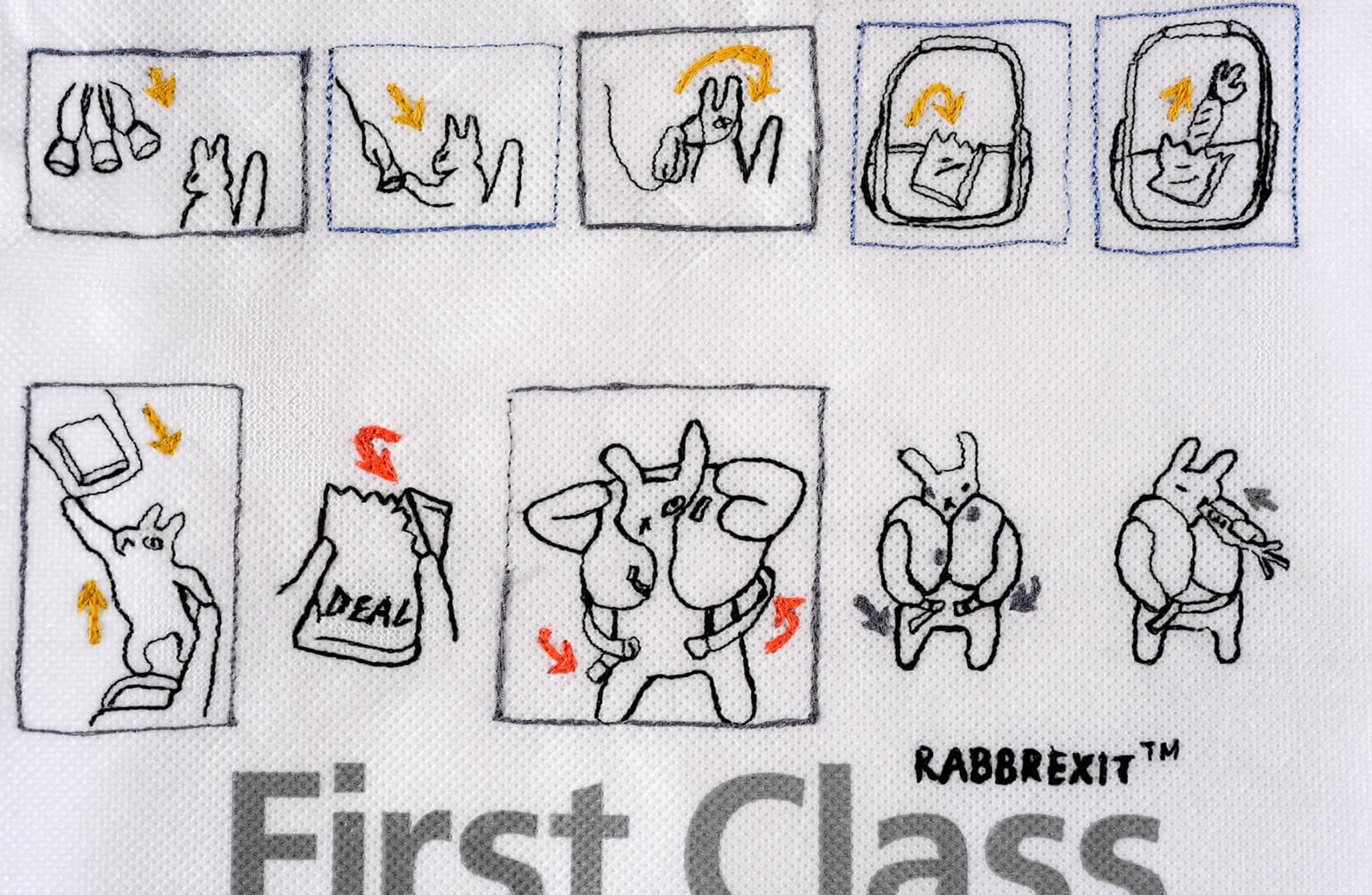 An embroidered comic of a rabbit enacting aeroplane safety protocol