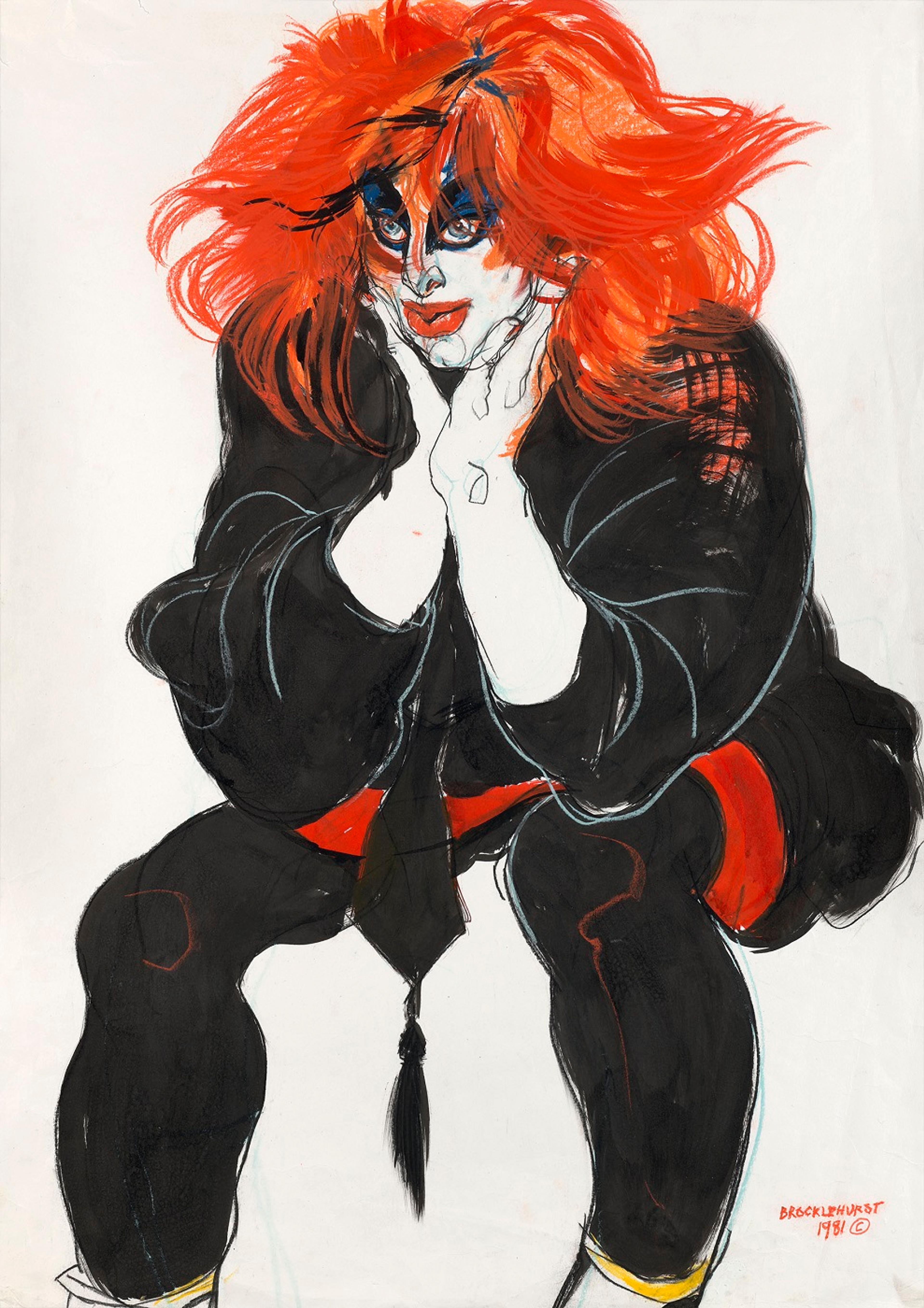 Drawing of a person sitting with their chin in their hands with flowing red and orange hair and dramatic blue and black eye make up