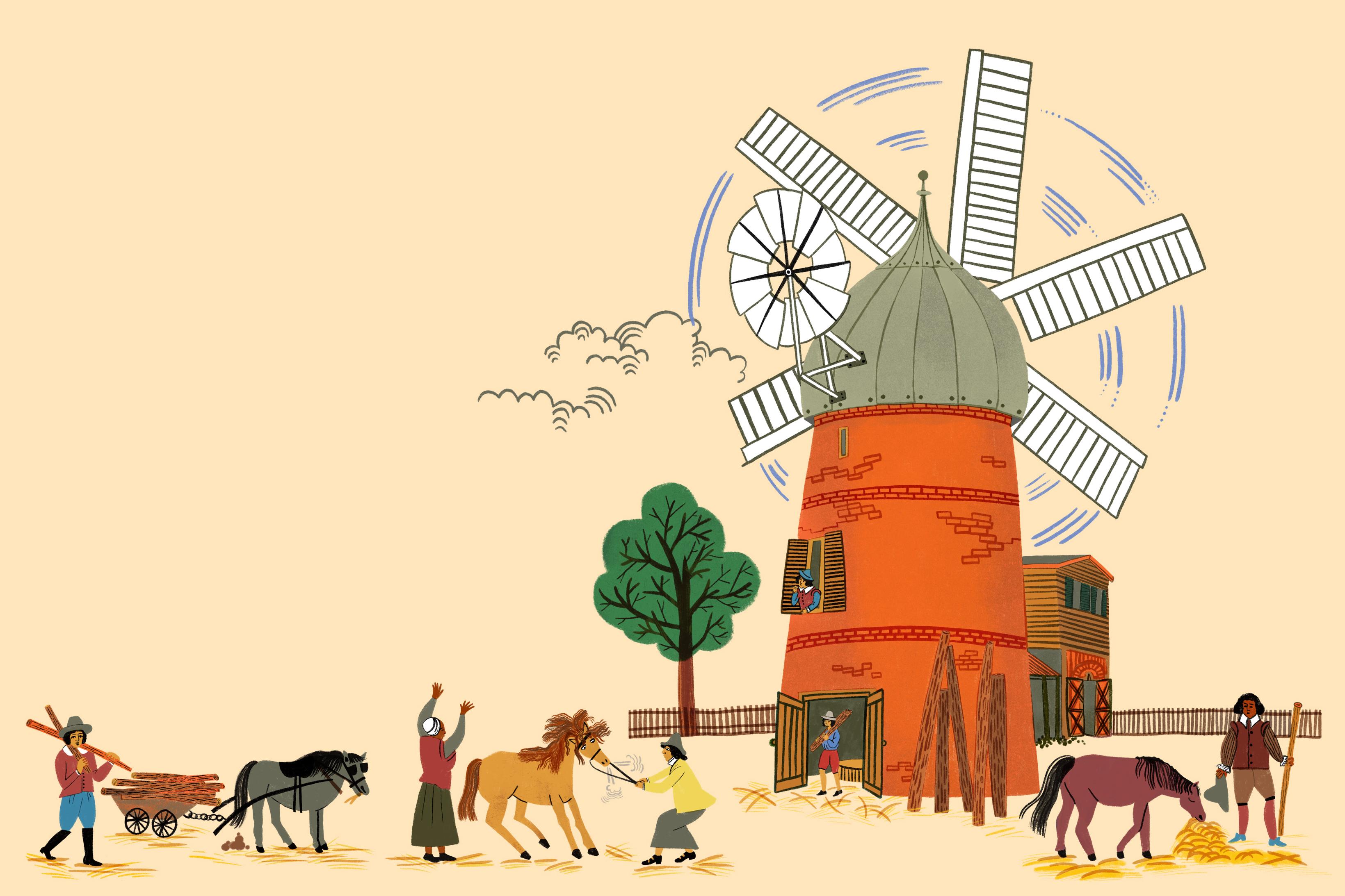 Illustration of a windmill with people and horses outside it