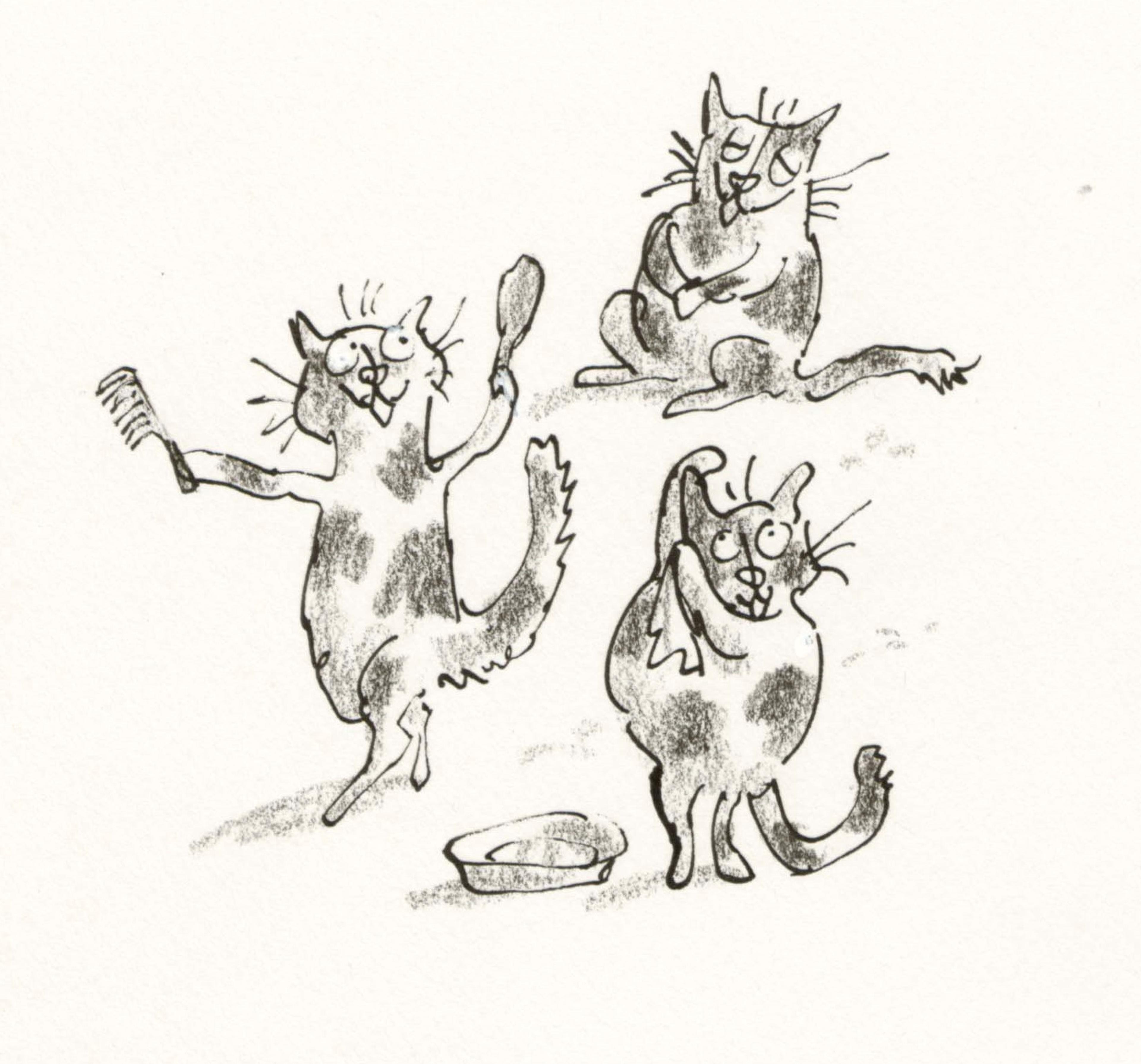 Drawing of three cats grooming themselves
