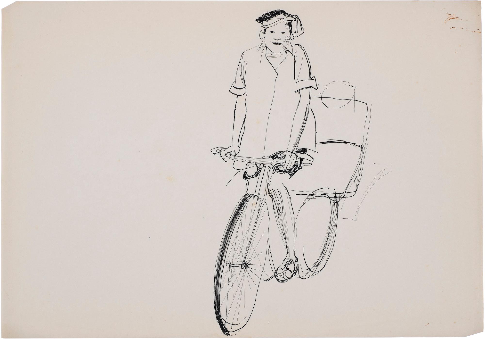 Drawing in black ink of Thai delivery boy on a bicycle