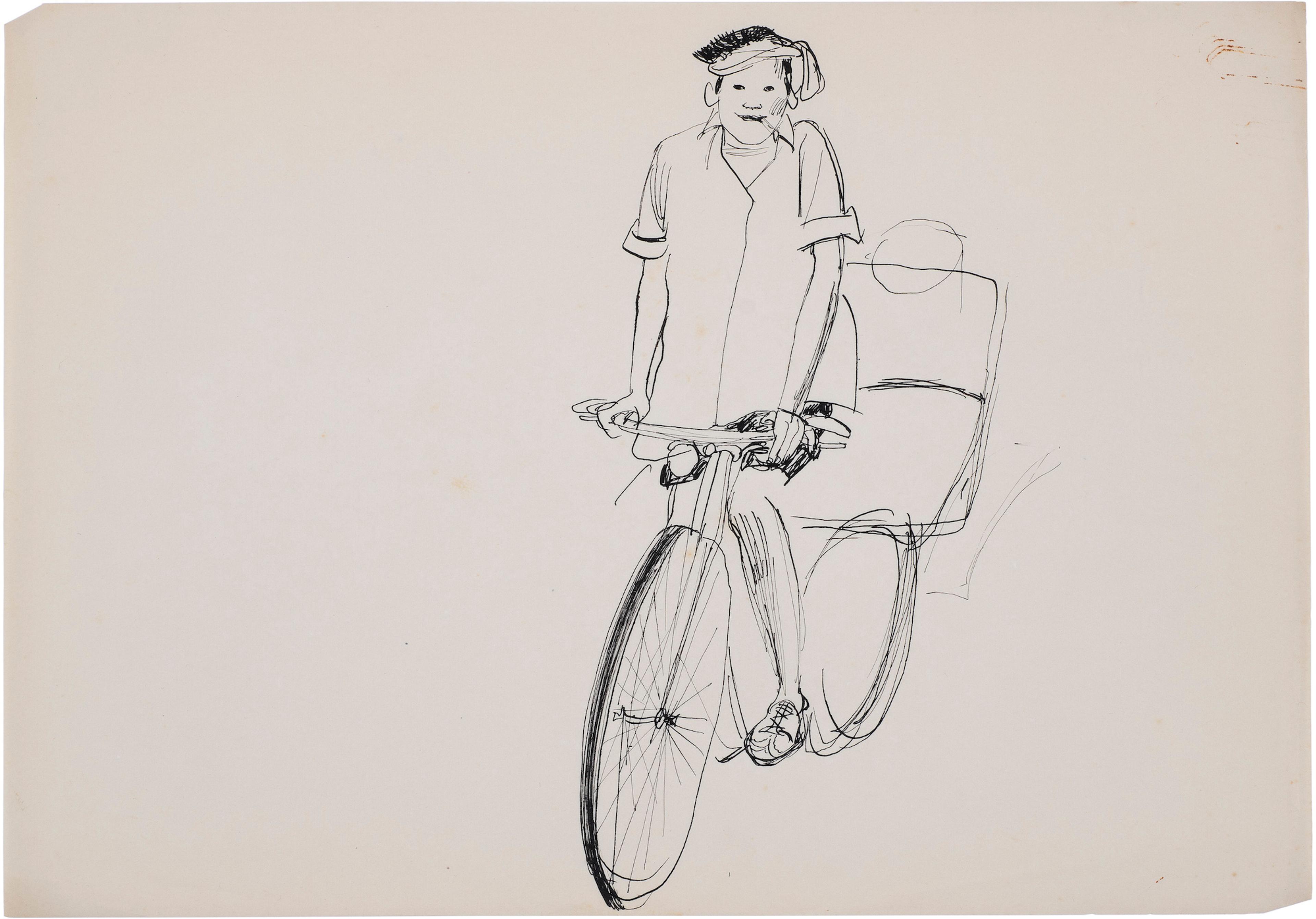 Drawing in black ink of Thai delivery boy on a bicycle