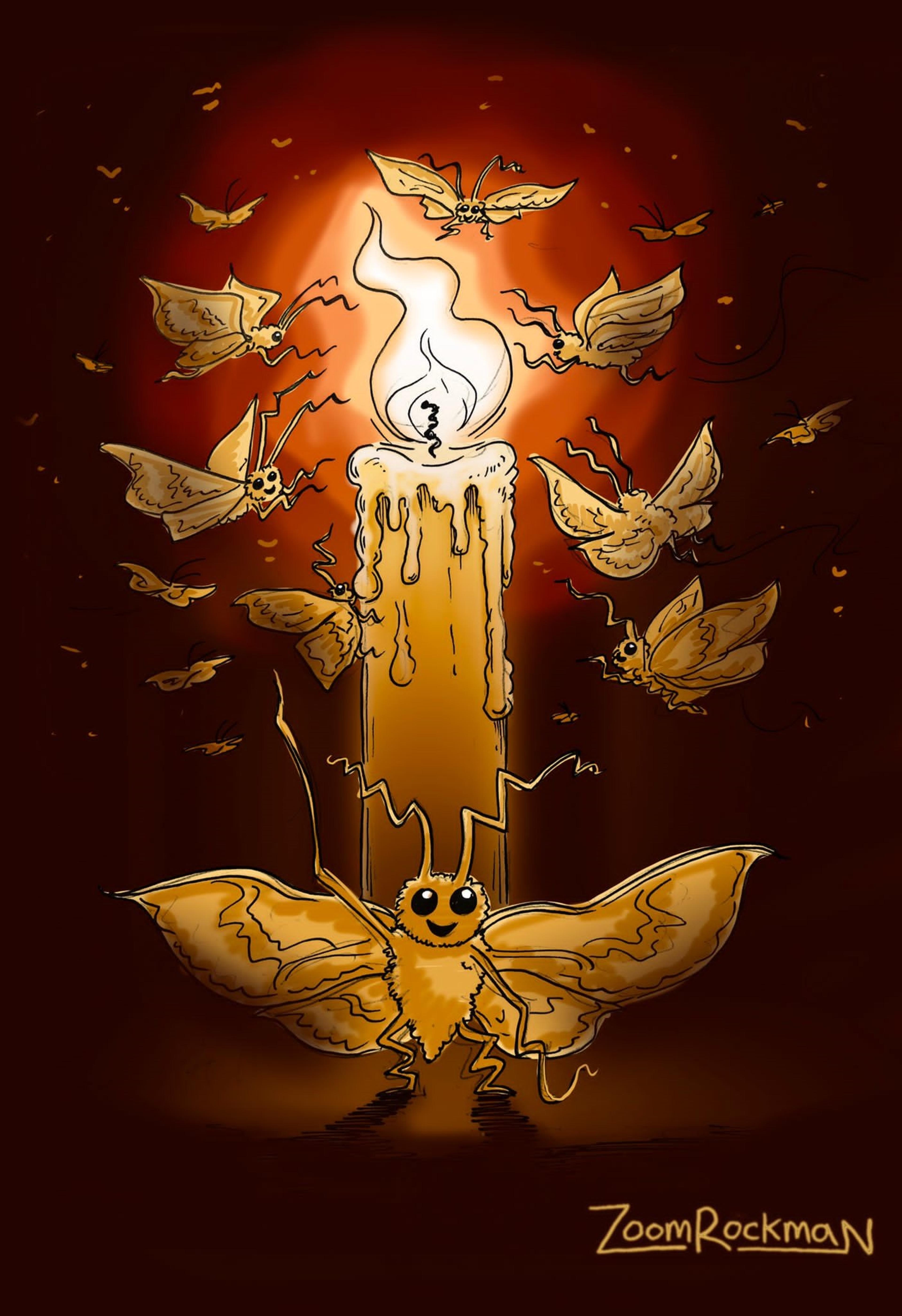 Illustration of an illuminated candle surrounded by moths